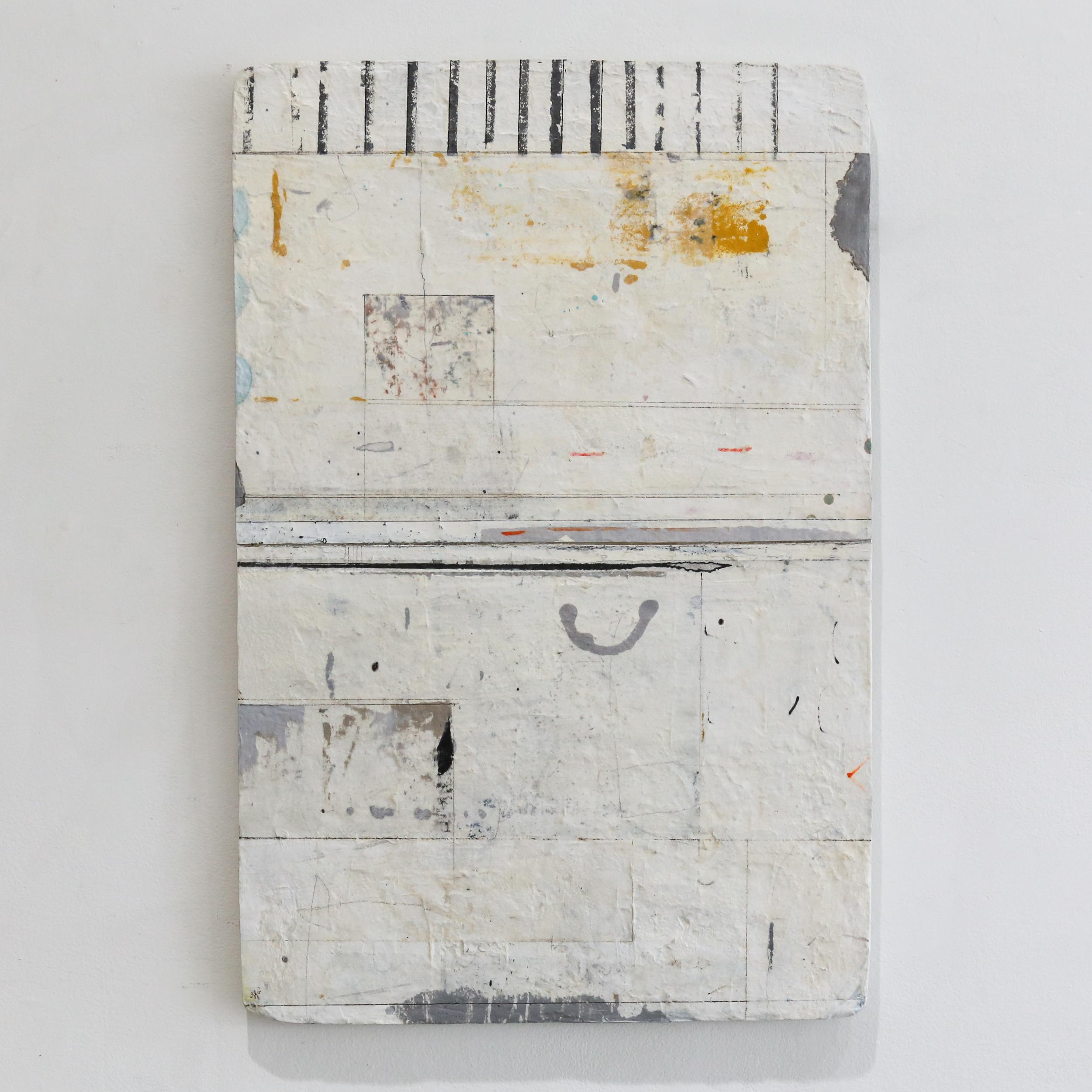 Elevation by artist Lisa Weiss is a contemporary gray, white, black, yellow, and turquoise mixed media on panel that measures 30 x 20 and is priced at $1,500. 

Lisa Weiss’ work is about mark making, patterning, spontaneous movement, momentary