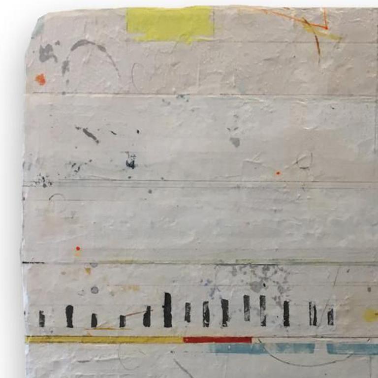 Spacetime by artist Lisa Weiss is a contemporary abstract yellow, grey, white, red and blue mixed media on panel that measures 34 x 22 and is priced at $1,600. 

Lisa Weiss’ work is about mark making, patterning, spontaneous movement, momentary