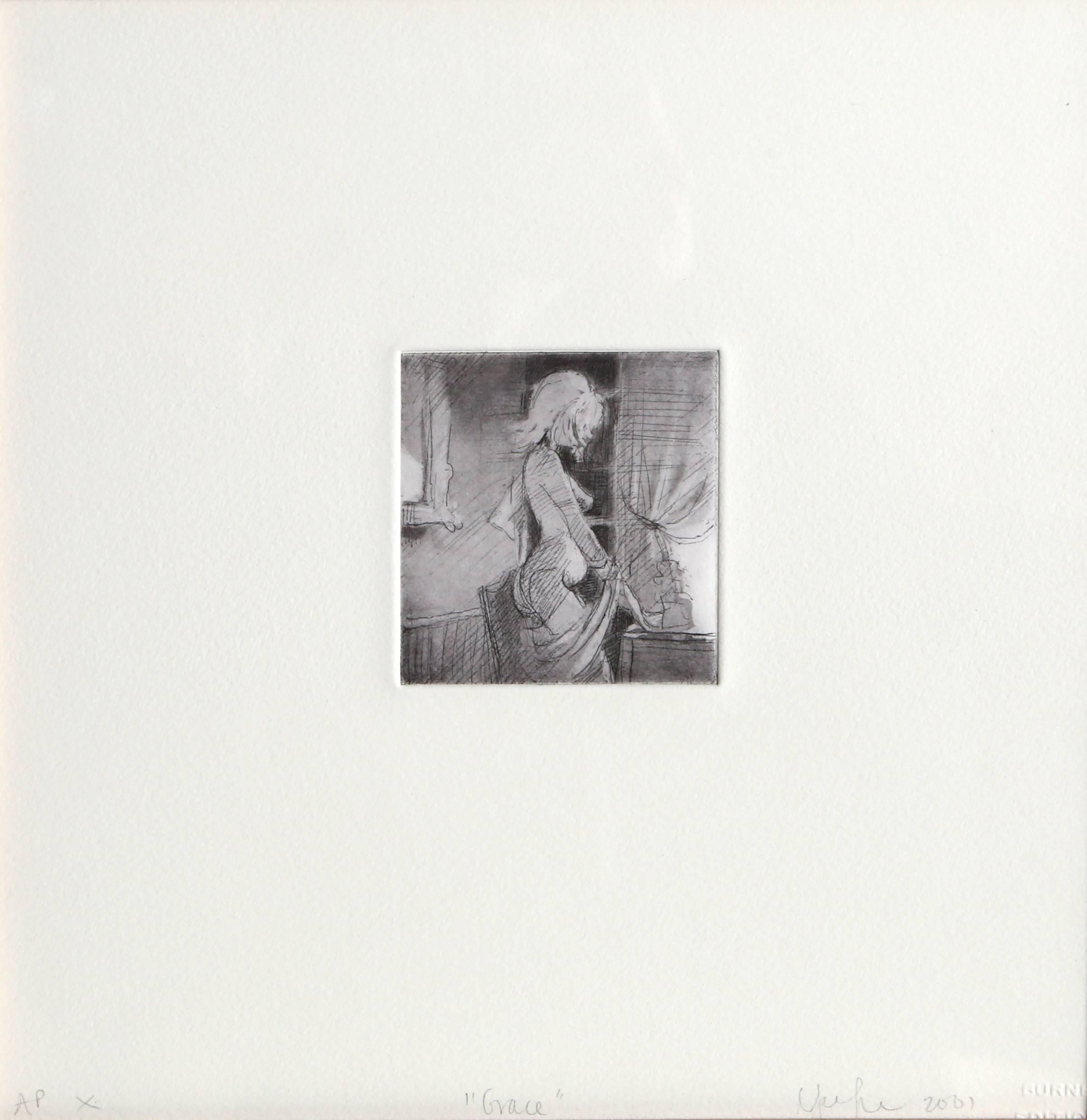 An original hand-signed etching and aquatint by Lisa Yuskavage, American (1962 -  ) completed in 2001.  The etching image measures 3 x 2.75 inches on 9.75 x 9.75 inch sheet and is an Artist's Proof numbered AP X.  Burnet Editions blindstamp l.r.