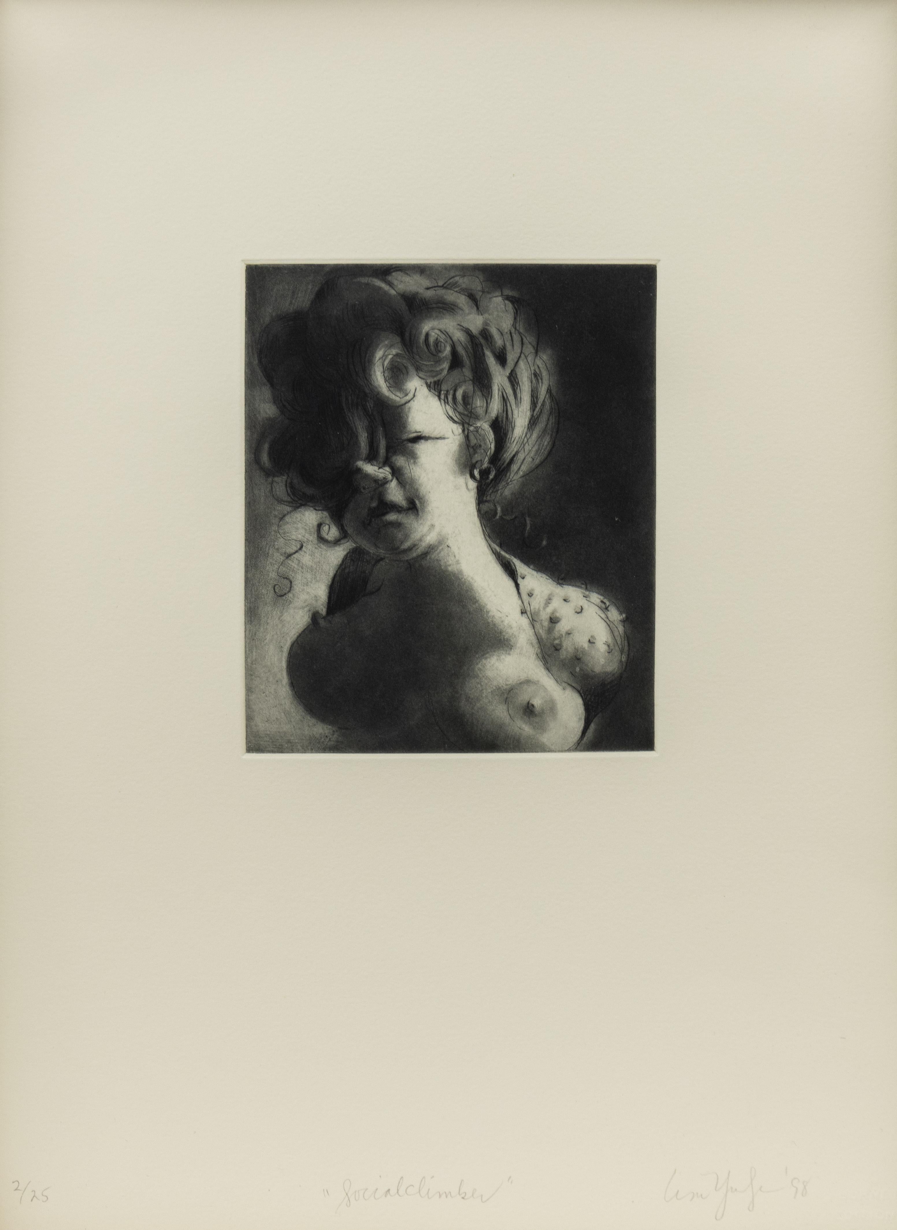 Social Climber, intaglio and mezzotint portrait on paper by Lisa Yuskavage, 90s For Sale 3
