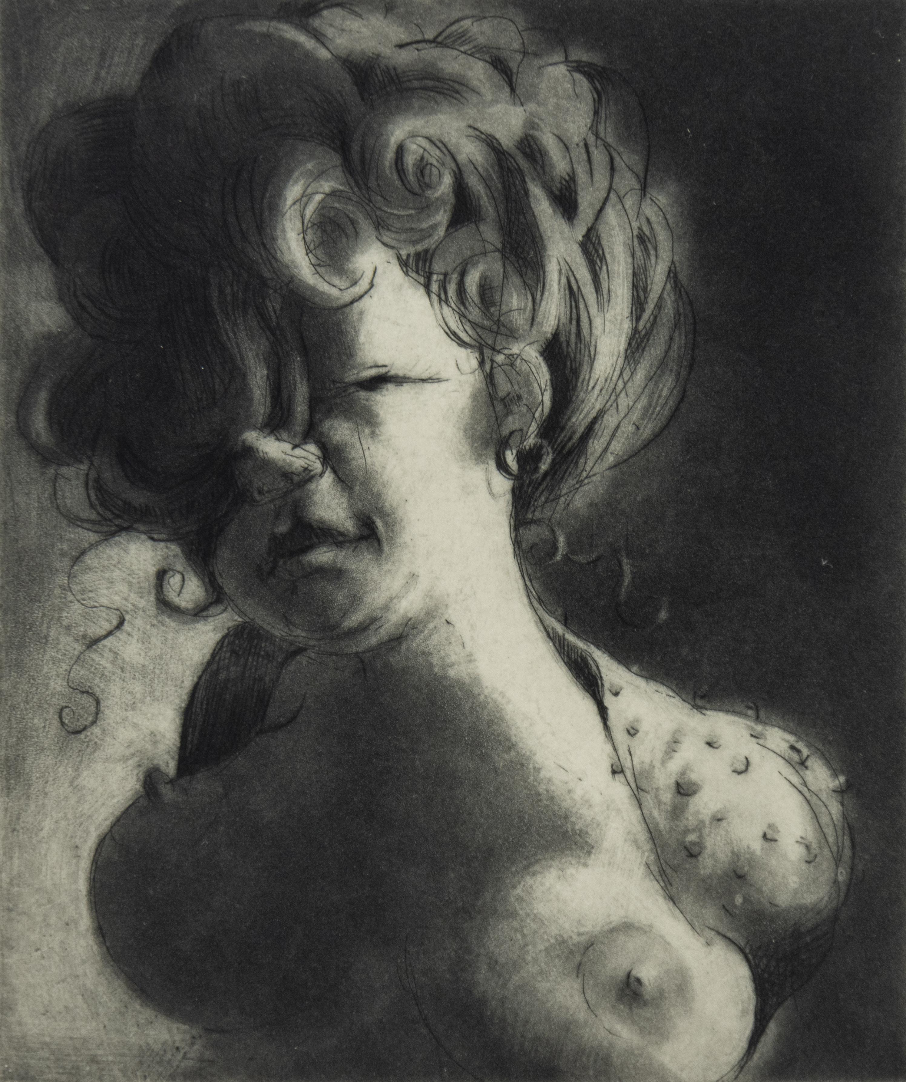 Social Climber, ritratto in calcografia e mezzatinta su carta di Lisa Yuskavage, anni '90