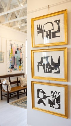 The Neighbors by Lisa Zager, Framed Horizontal Mid Century Paper Artwork, Black