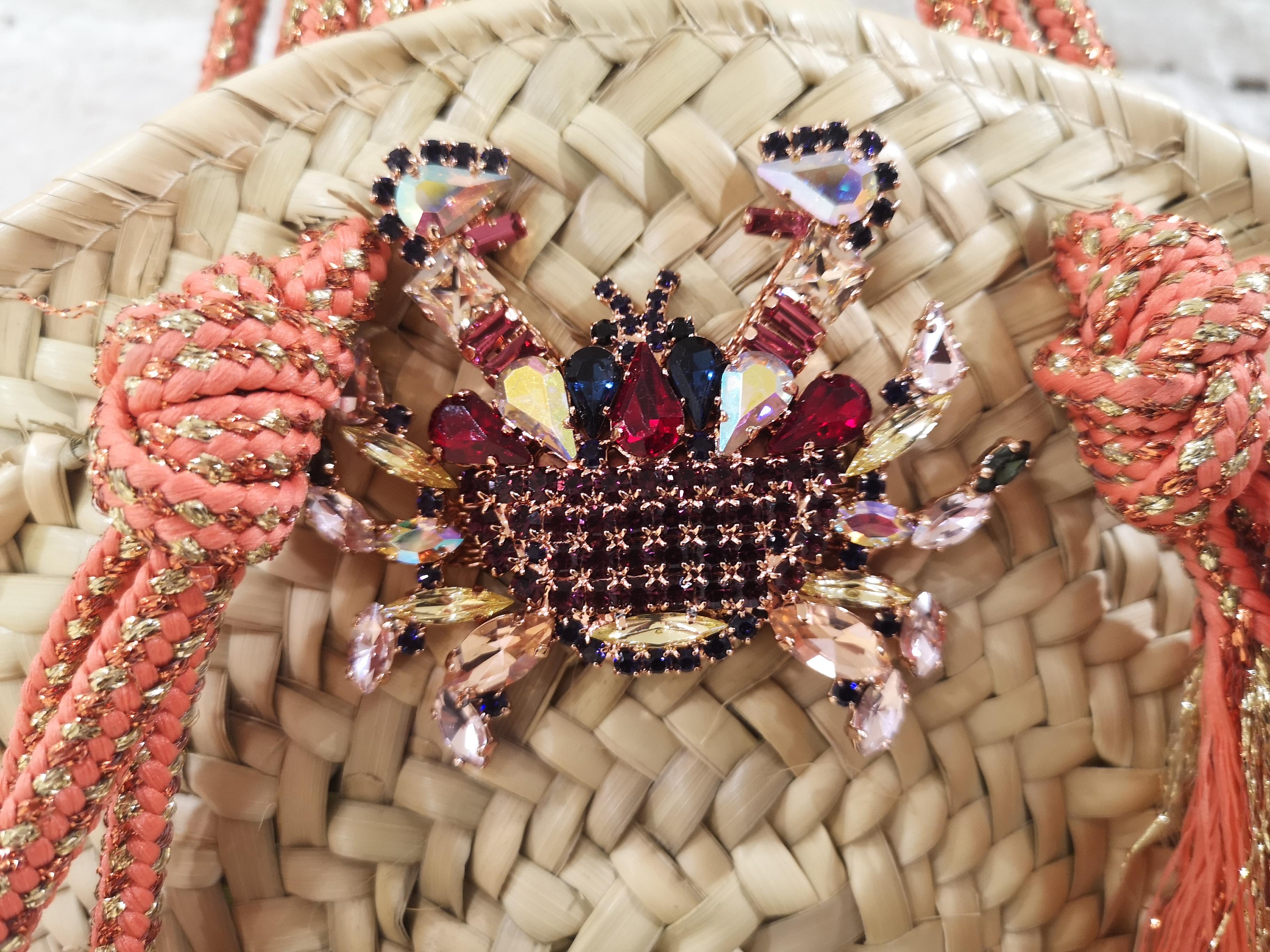 Brown LisaC raffia swarovsky crab handbag