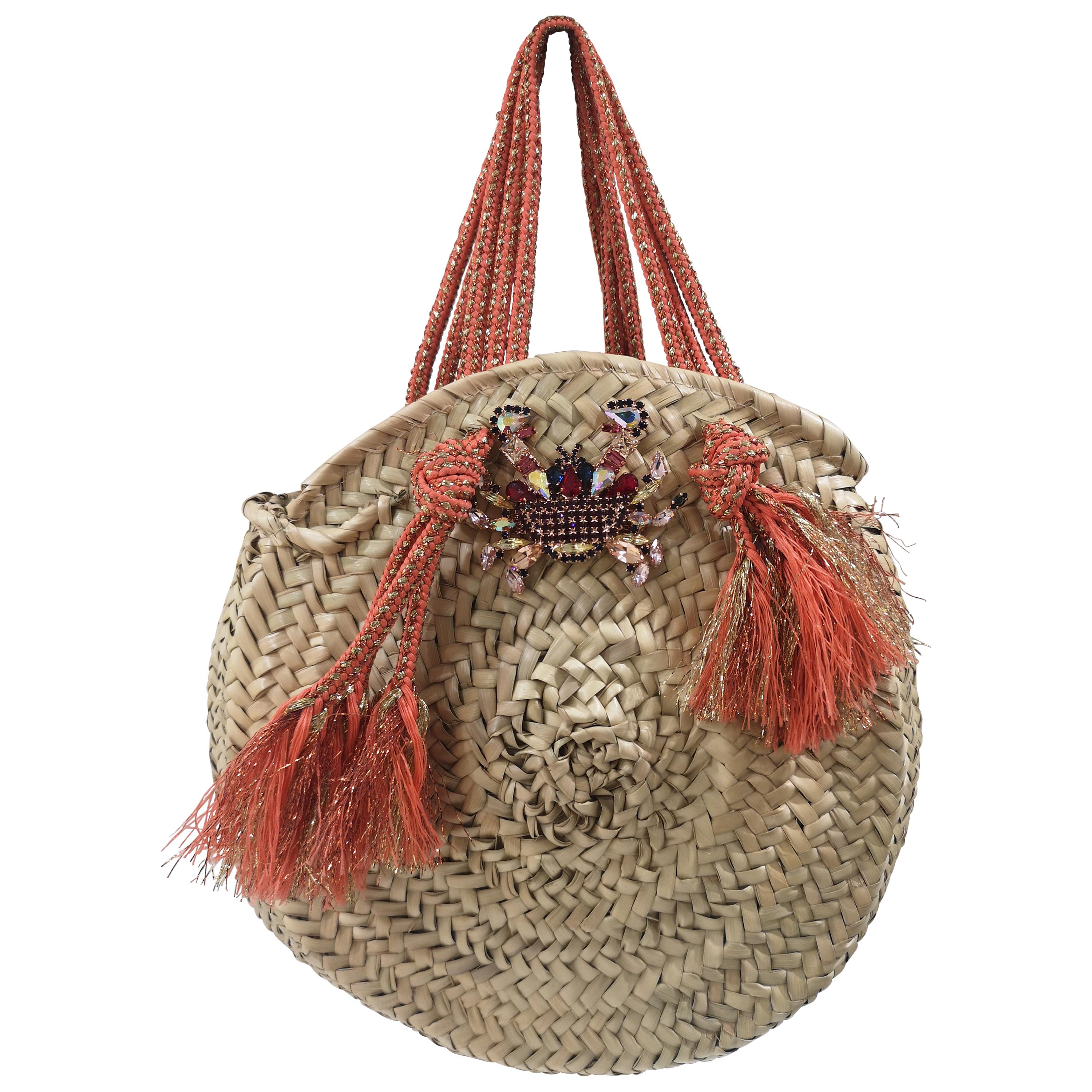 LisaC raffia swarovsky crab handbag