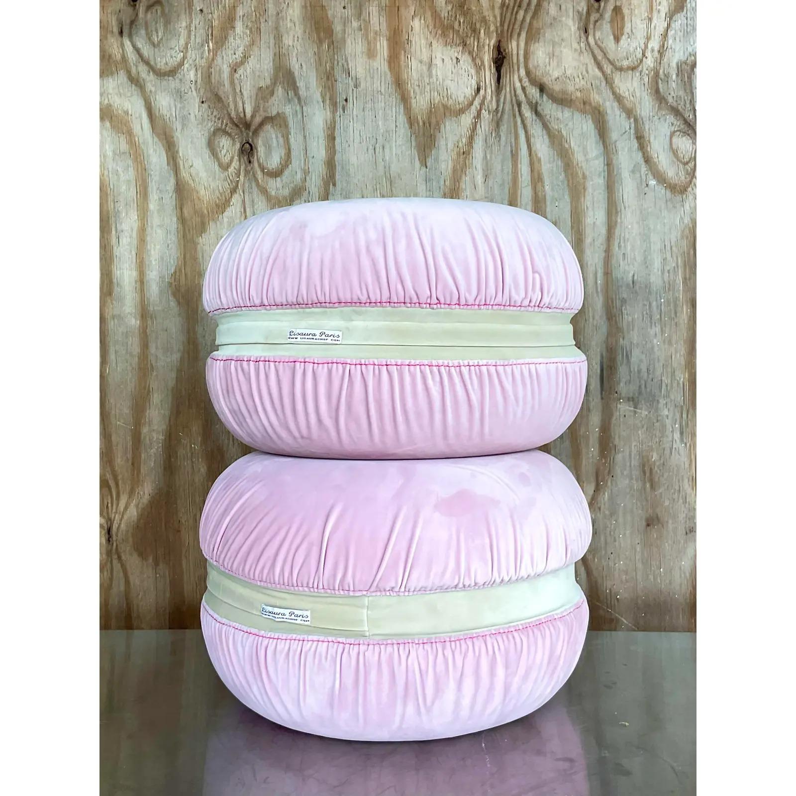 Fantastic pair of new Lisaura Paris children’s poofs. Pale pink washable velvet cover for easy care. Firm foam insert make it great for kids or visiting adults. Acquired from a Palm Beach estate.