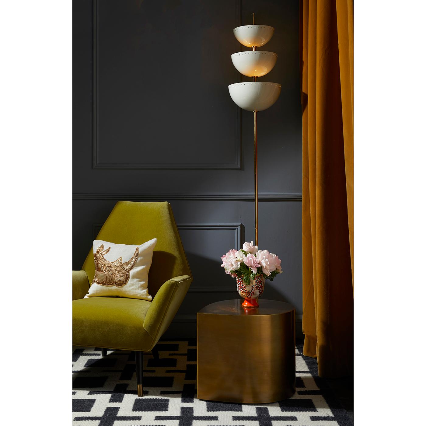 Magic Mood. Wash your room in warm ambient light with our Lisbon Torchiere. A thick marble base with a polished brass stem and three perforated enamel bowls of light, each featuring a double socket for moody uplighting. Fab flanking a fireplace or
