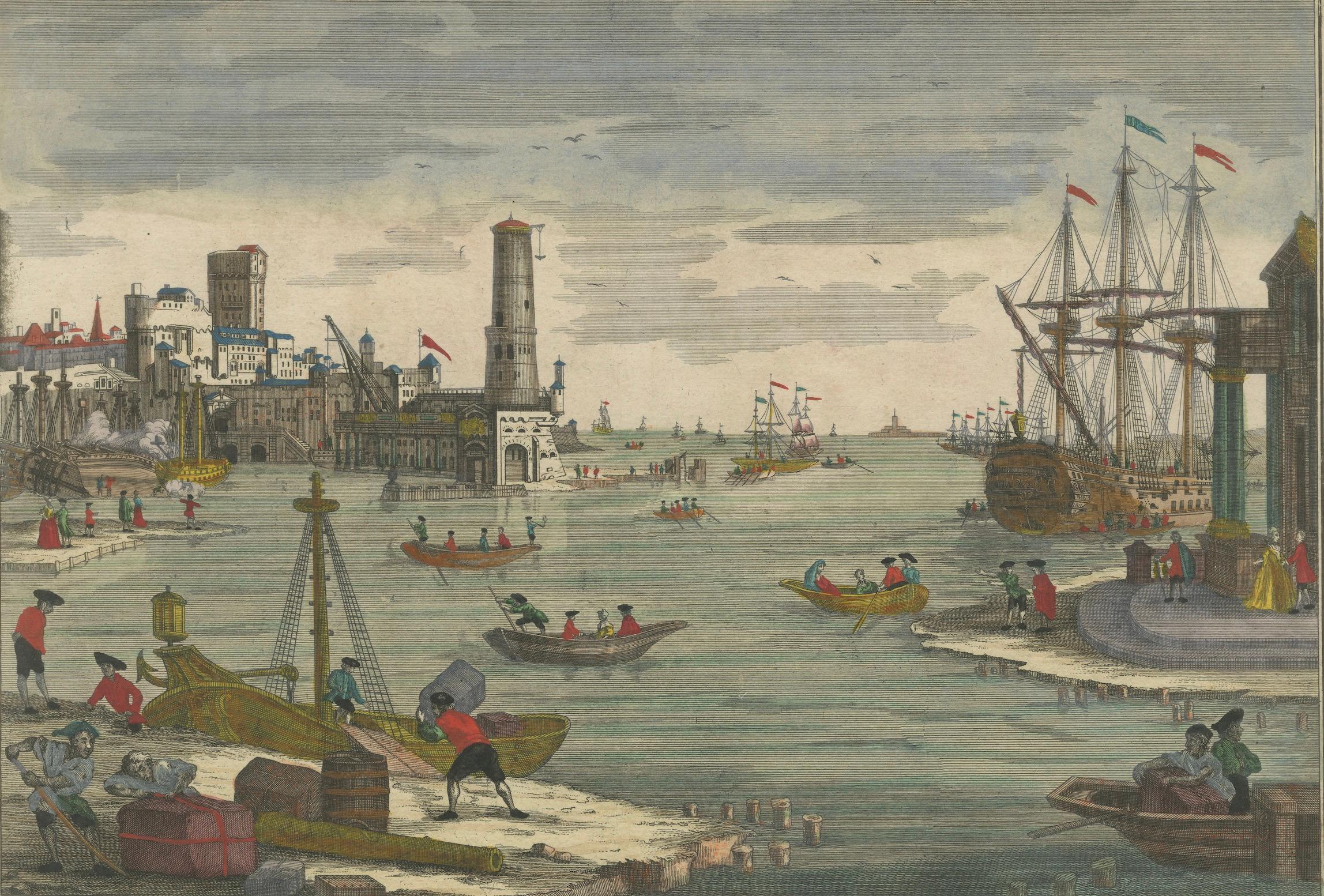 Hafenansicht von Lissabon - Optischer Druck des Hafens und des Flusses Tejo um 1780 im Angebot 3