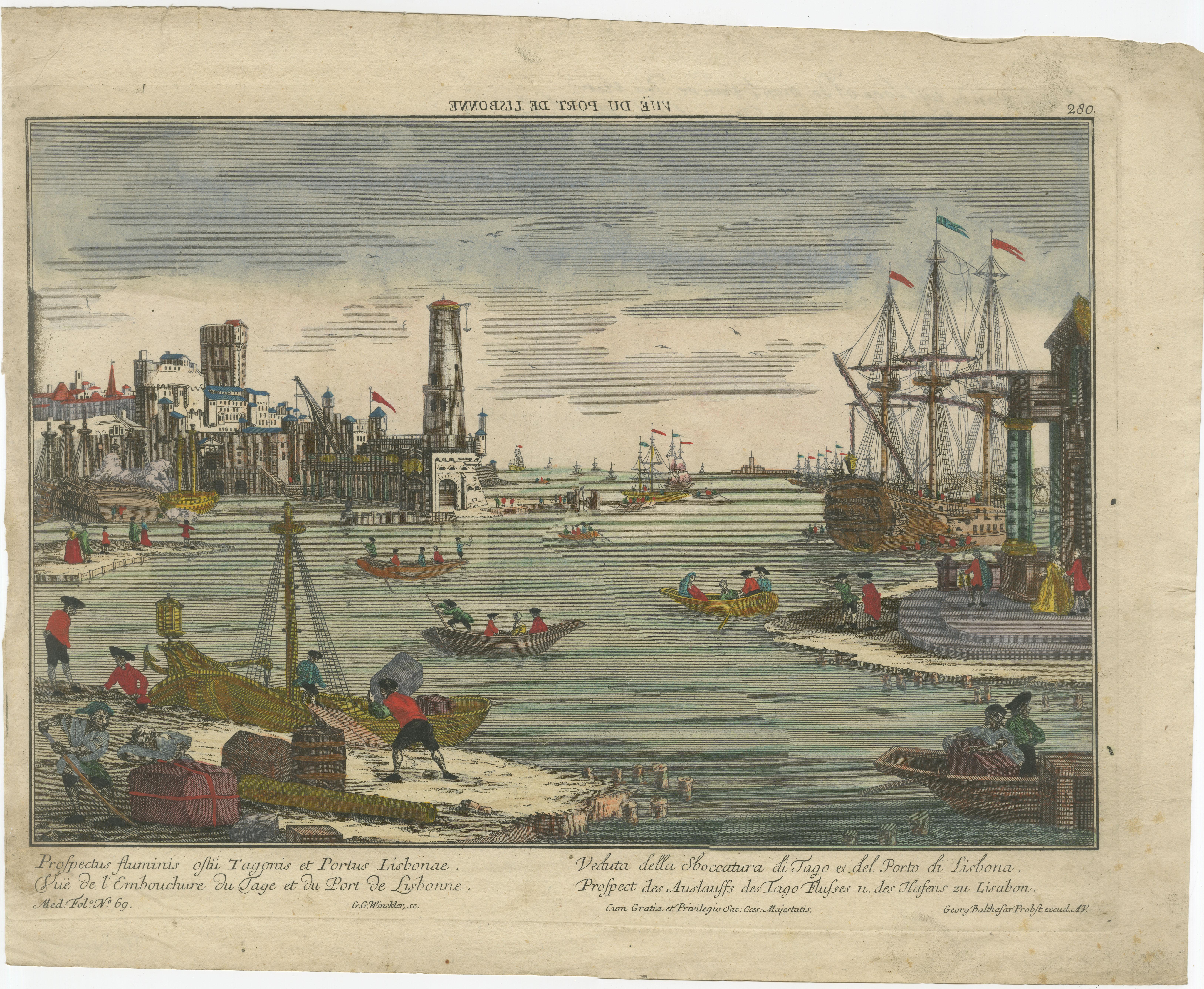 Hafenansicht von Lissabon - Optischer Druck des Hafens und des Flusses Tejo um 1780 im Angebot 4