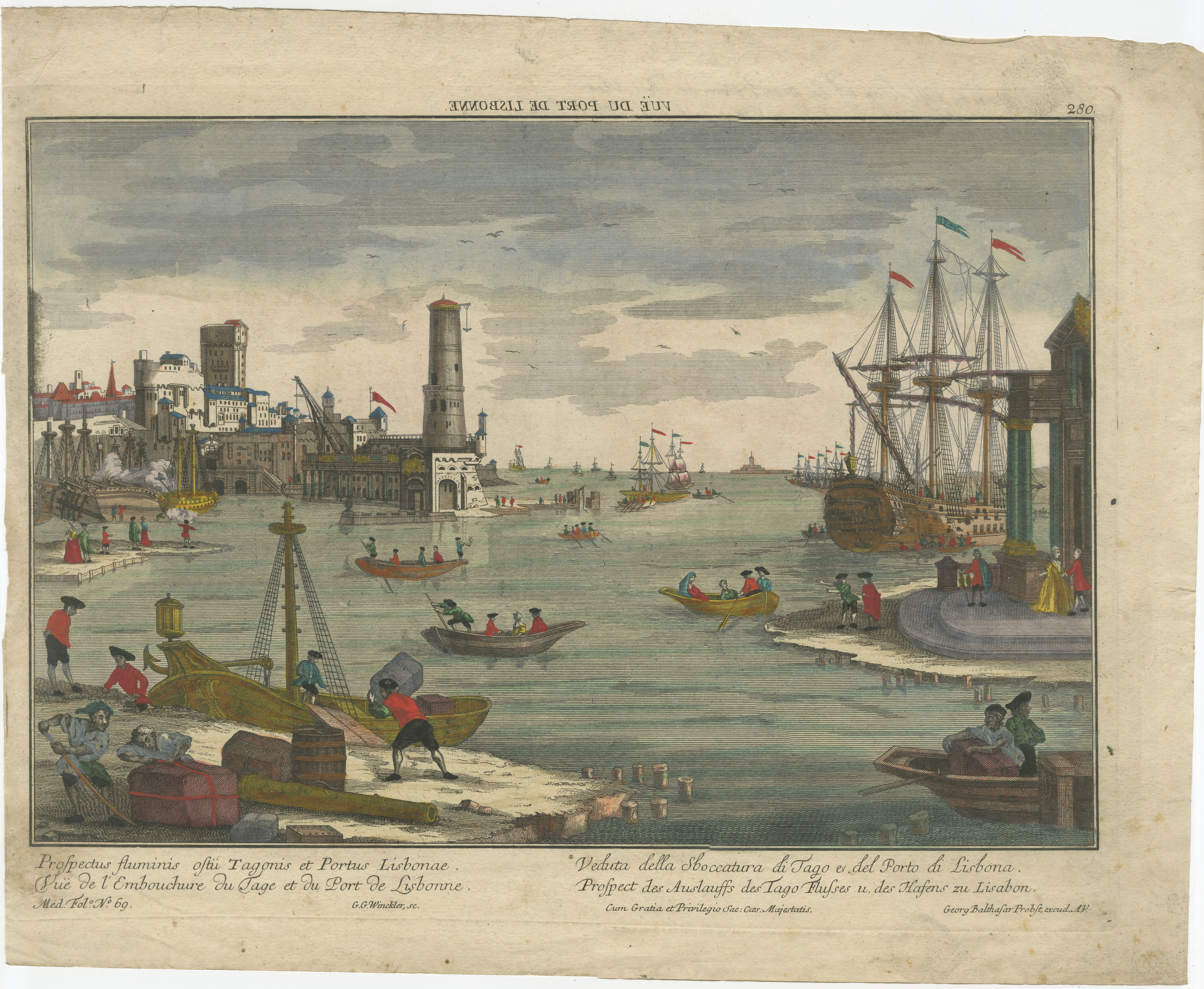 Optischer Druck des Hafens von Lissabon - Ansicht der Hafenszene am Fluss Tejo um 1780

Dieser charmante antike optische Druck zeigt eine belebte Ansicht des Hafens von Lissabon und der Mündung des Tejo aus der Zeit um 1780. Optische Drucke, auch