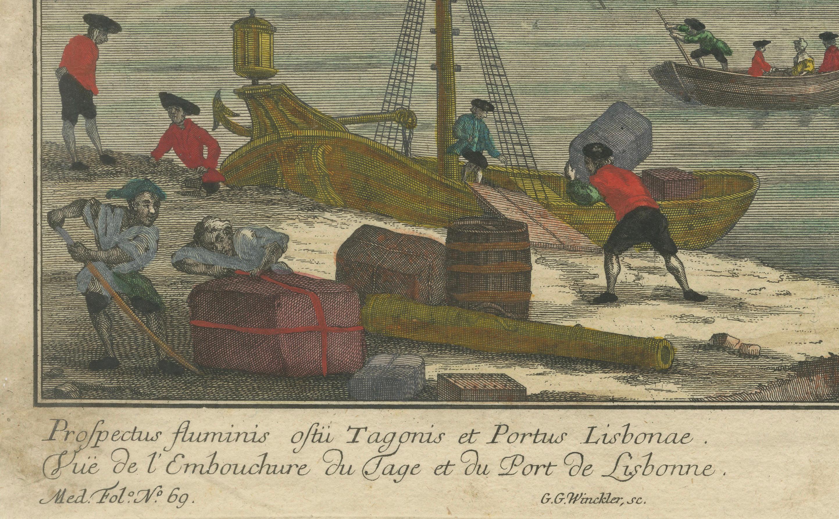 Hafenansicht von Lissabon - Optischer Druck des Hafens und des Flusses Tejo um 1780 (Papier) im Angebot