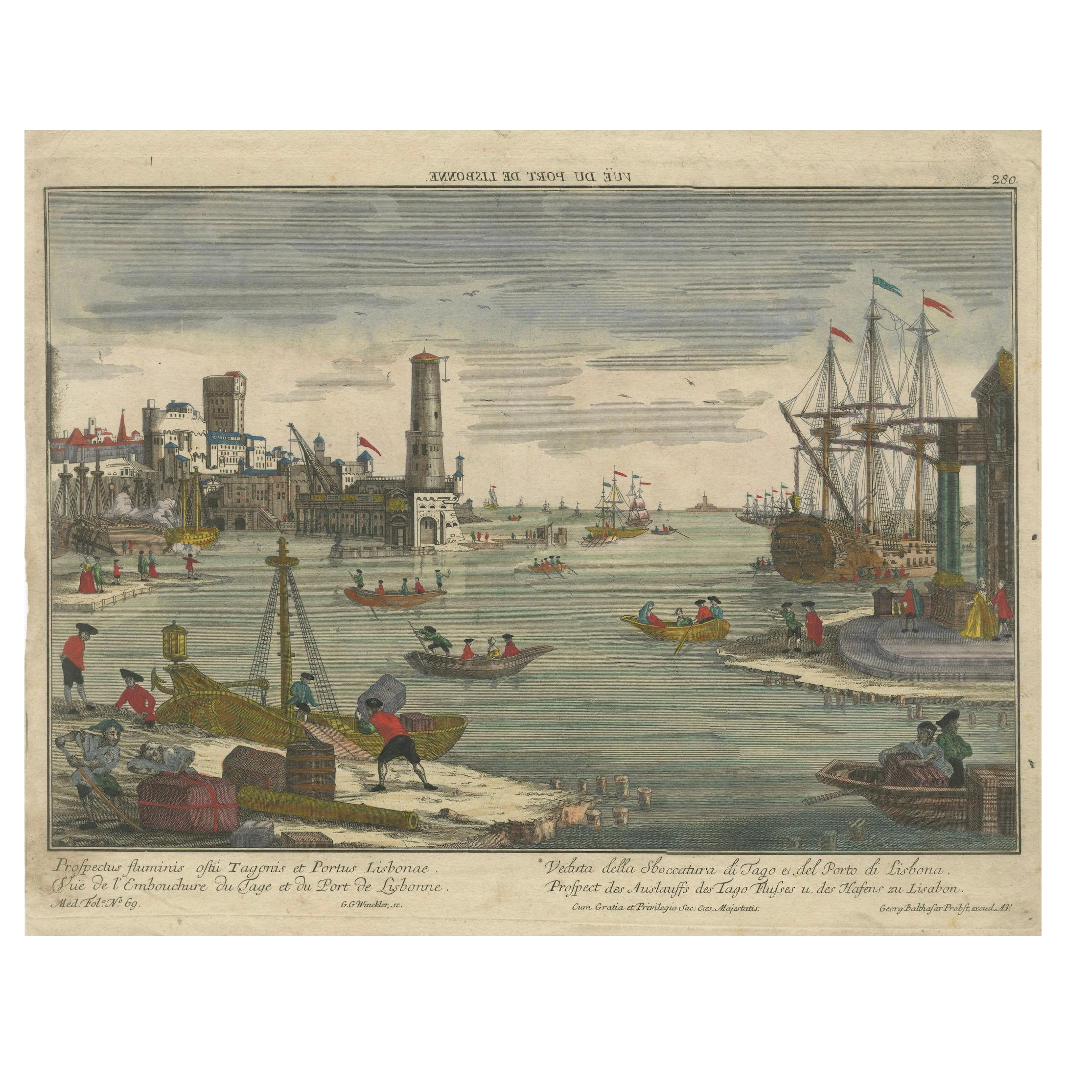 Hafenansicht von Lissabon - Optischer Druck des Hafens und des Flusses Tejo um 1780