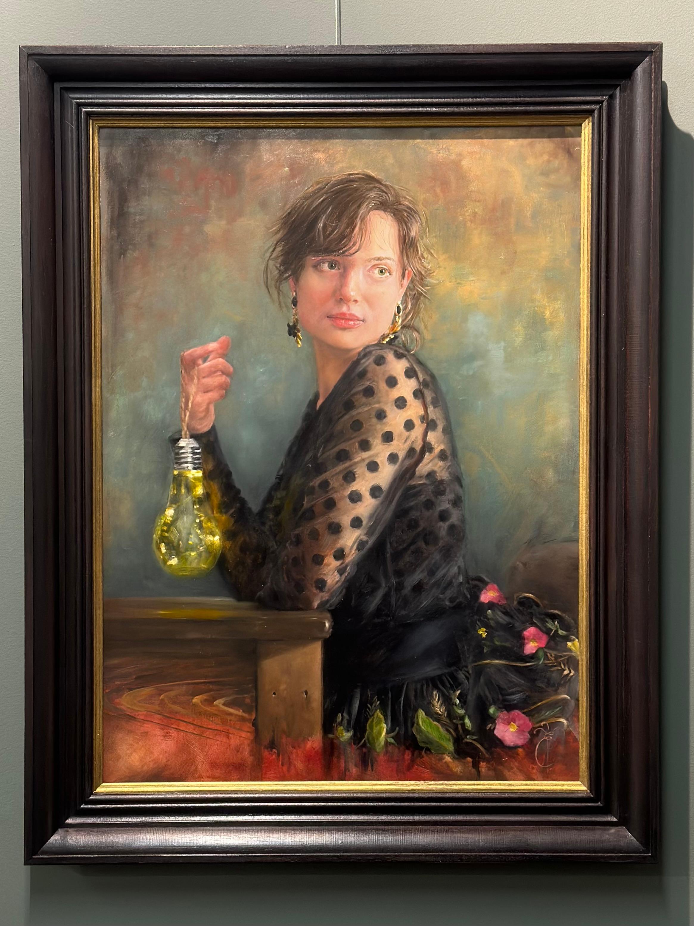 Dance me to the end of love- 21st Century Romantic painting- a girl with lantern - Painting by Liseth Visser