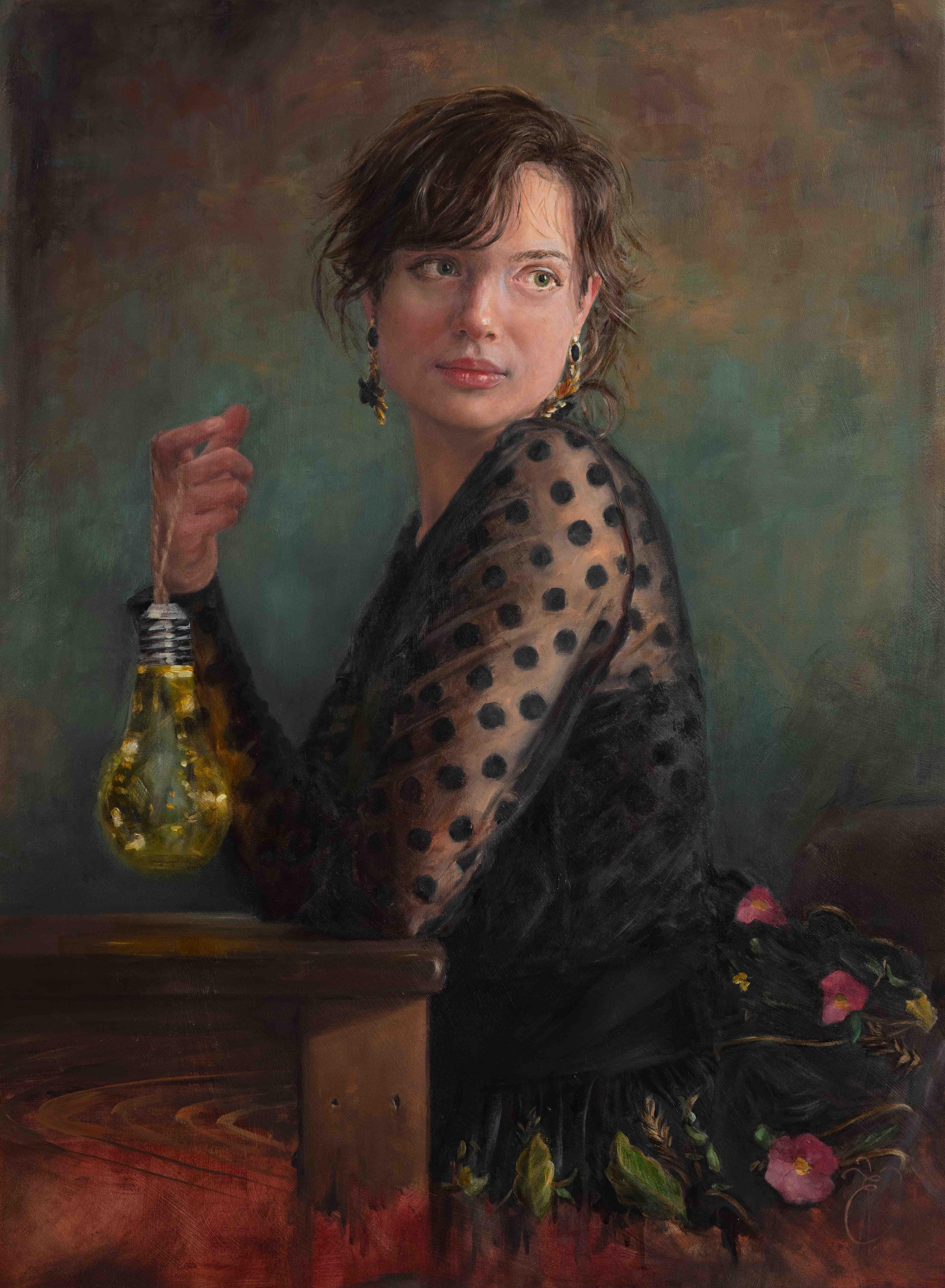 Liseth Visser Portrait Painting - Dance me to the end of love- 21st Century Romantic painting- a girl with lantern