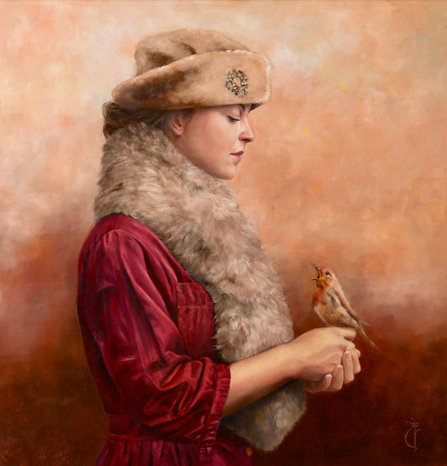 Liseth Visser Figurative Painting – Fill my Heart with Song- Romantisches Gemälde eines Mädchens mit einem Robinien aus dem 21. Jahrhundert