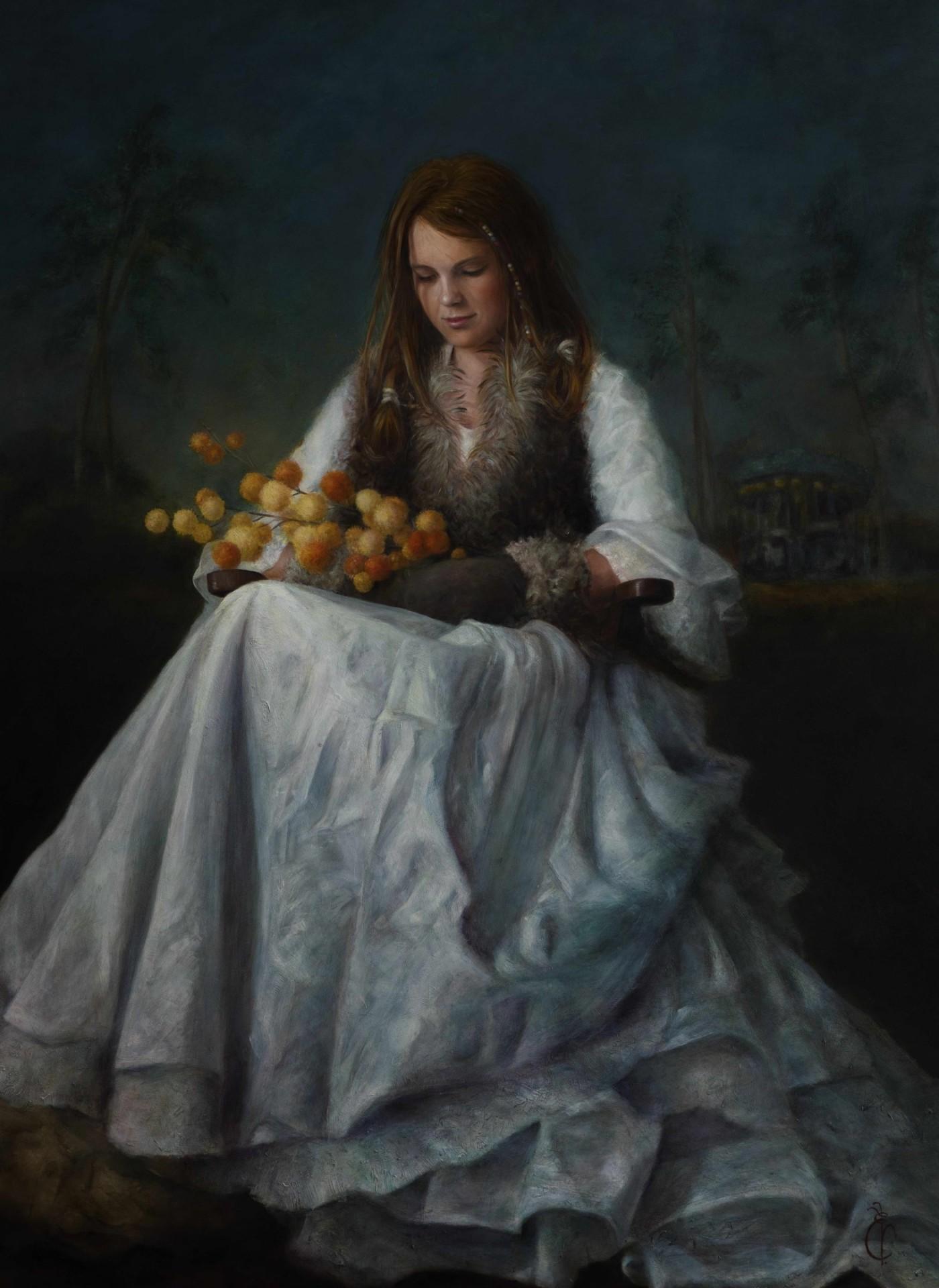 Liseth Visser Portrait Painting – Nostalgia – niederländisches Porträtgemälde eines Mädchens mit Laternenpflanzen, 21. Jahrhundert