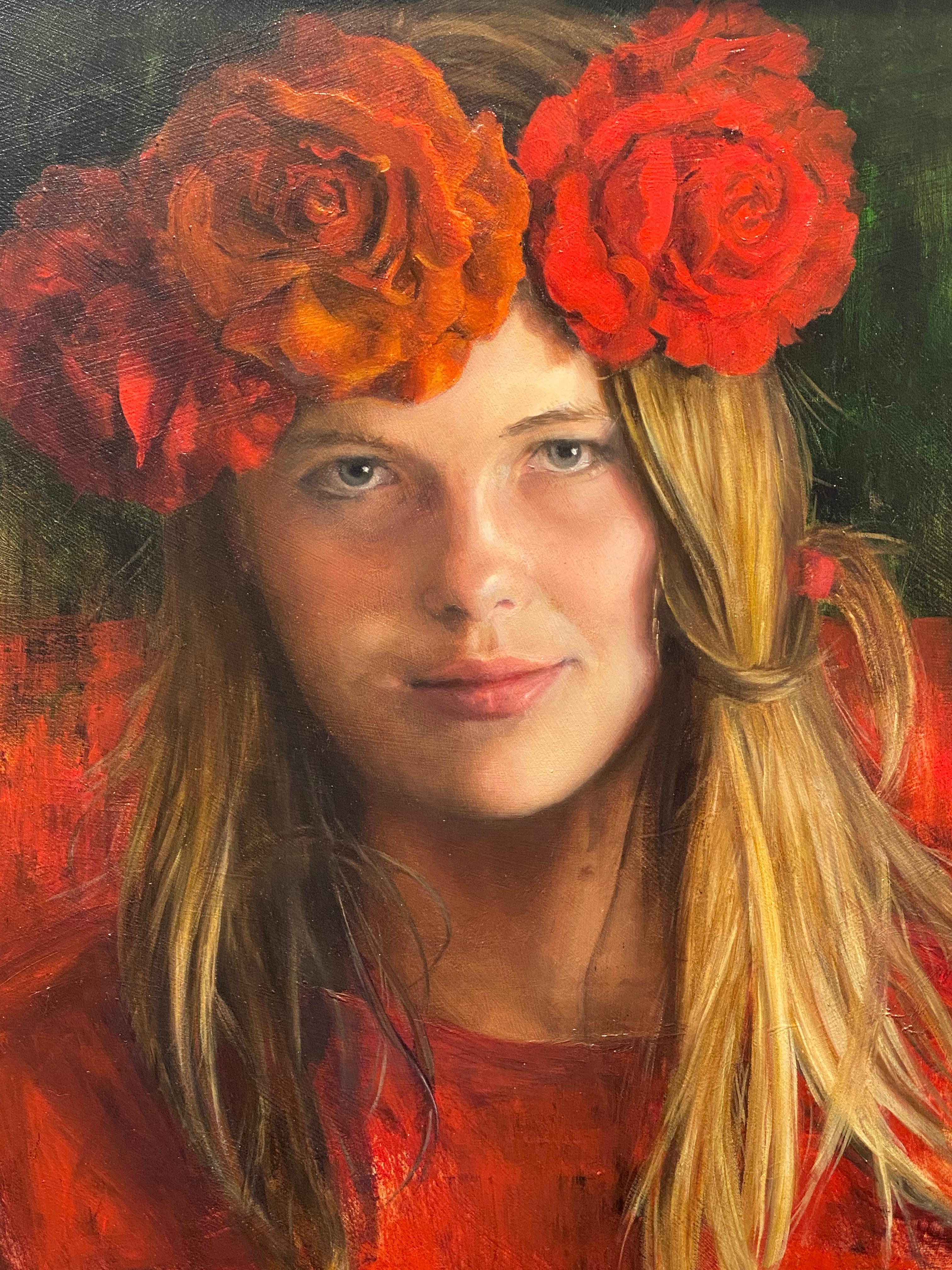 Rosen sind rot & Violett sind blau- holländisches Porträtgemälde eines Mädchens aus dem 21. Jahrhundert – Painting von Liseth Visser