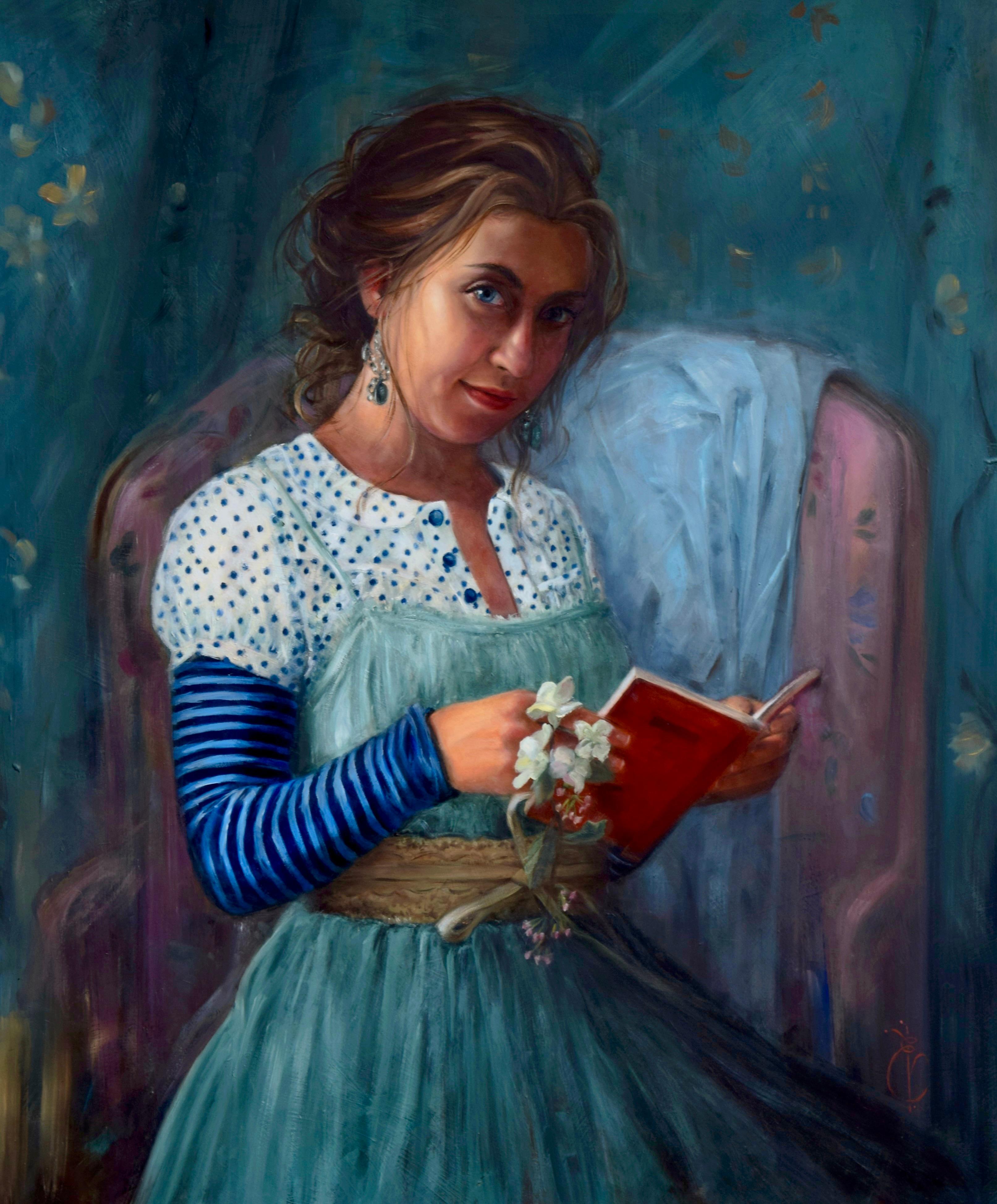 Liseth Visser Figurative Painting - Something Old, New, Borrowed & Blue- 21st Century Romantic painting of a girl