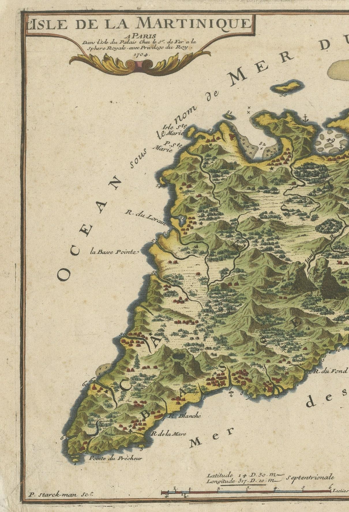 Engraved L'isle De La Martinique Caribbean Copper Engraving Original Handcoloring, 1704 For Sale