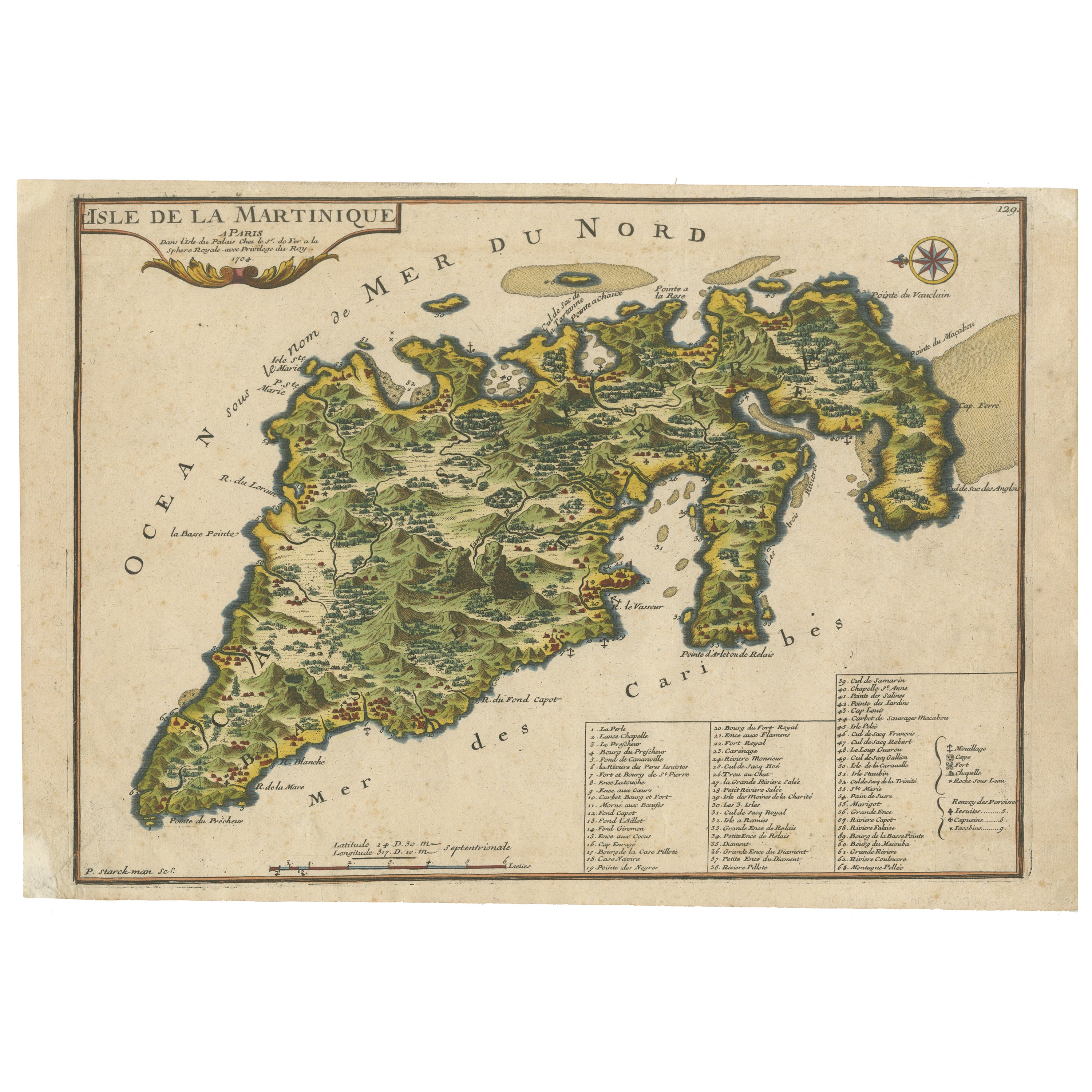 L'isle De La Martinique Grabado en cobre caribeño Original coloreado a mano, 1704 en venta