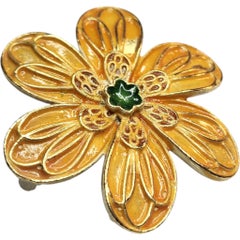 Lisner Amber and Green Enamel Flower Gold Tone Brooch, 1960s