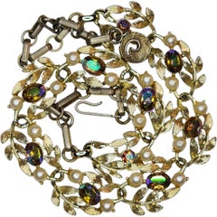 Lisner Gold Tone Aurora Borealis and Faux Pearl Leaf Motif Necklace, 1950s