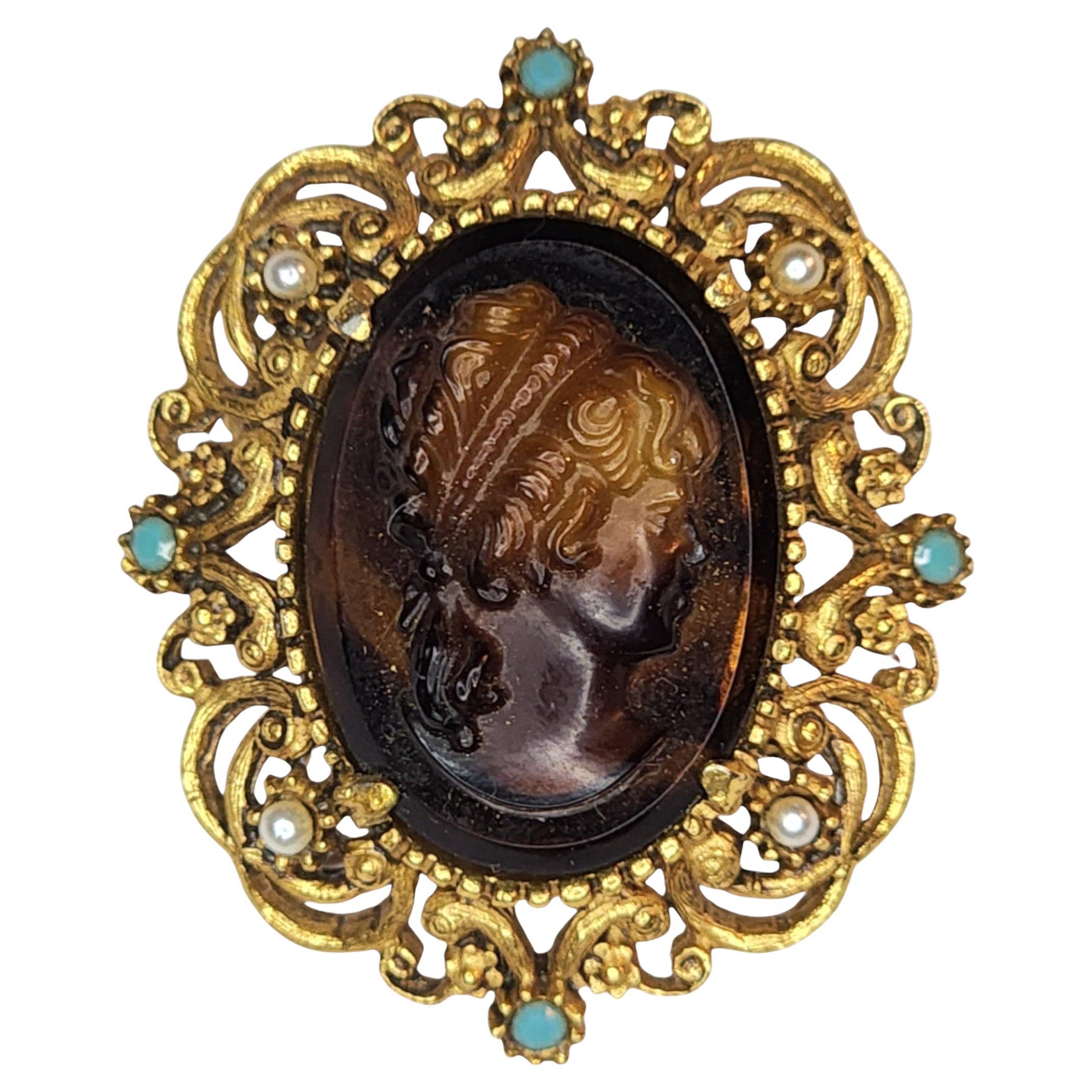 Lisner Gold Tone Cameo Style Brooch with Faux Pearl and Turquoise Accents