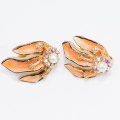 Lisner Golden Clip On Earrings, Enamel, Faux Pearls, Vintage 1950s
