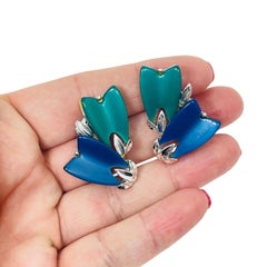 LISNER firmada vintage tono plata azul verde termoestable diseñador clip en pendientes