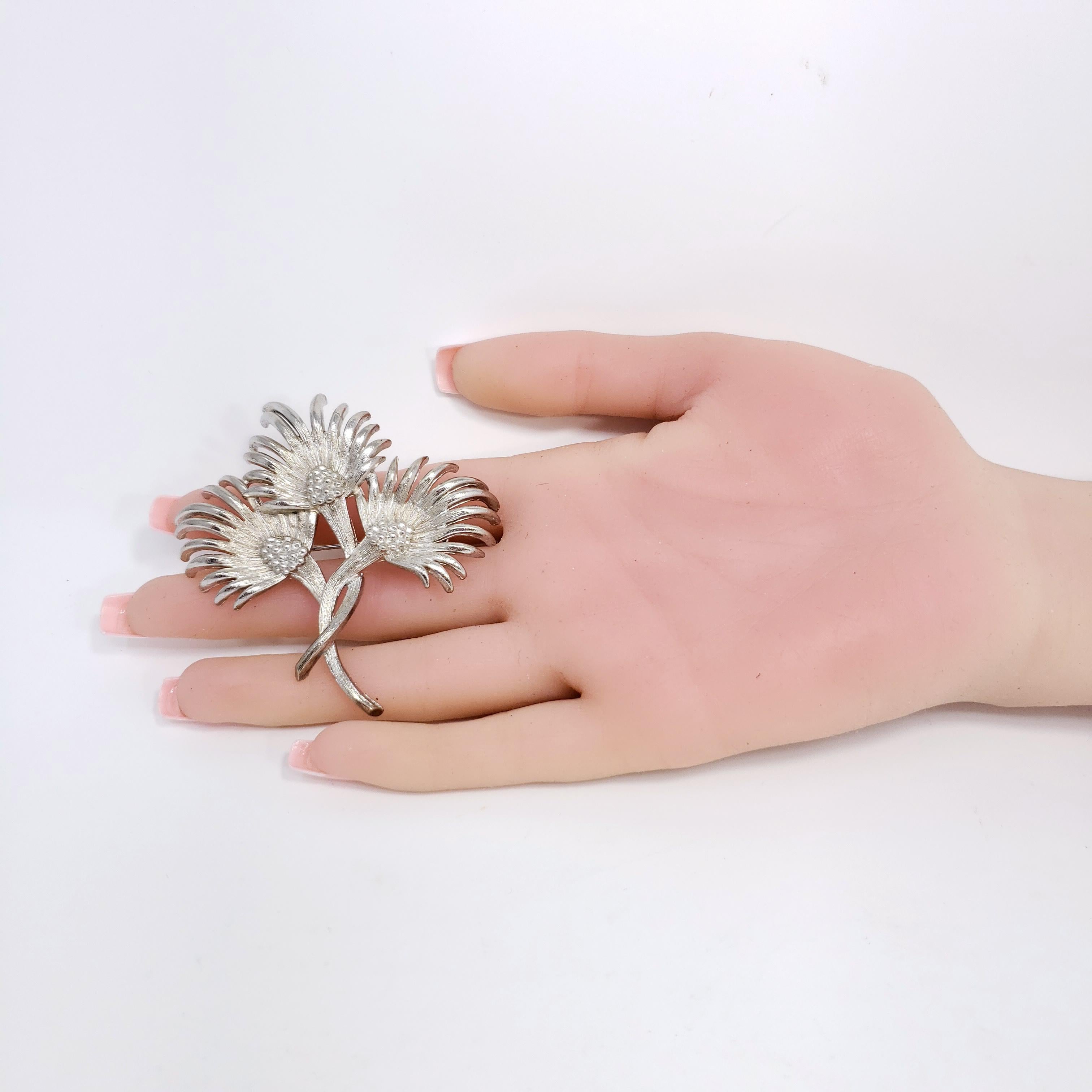 Lisner Silver Three Flower Bouquet Pin Brooch, Early 1900s Vintage In Good Condition For Sale In Milford, DE