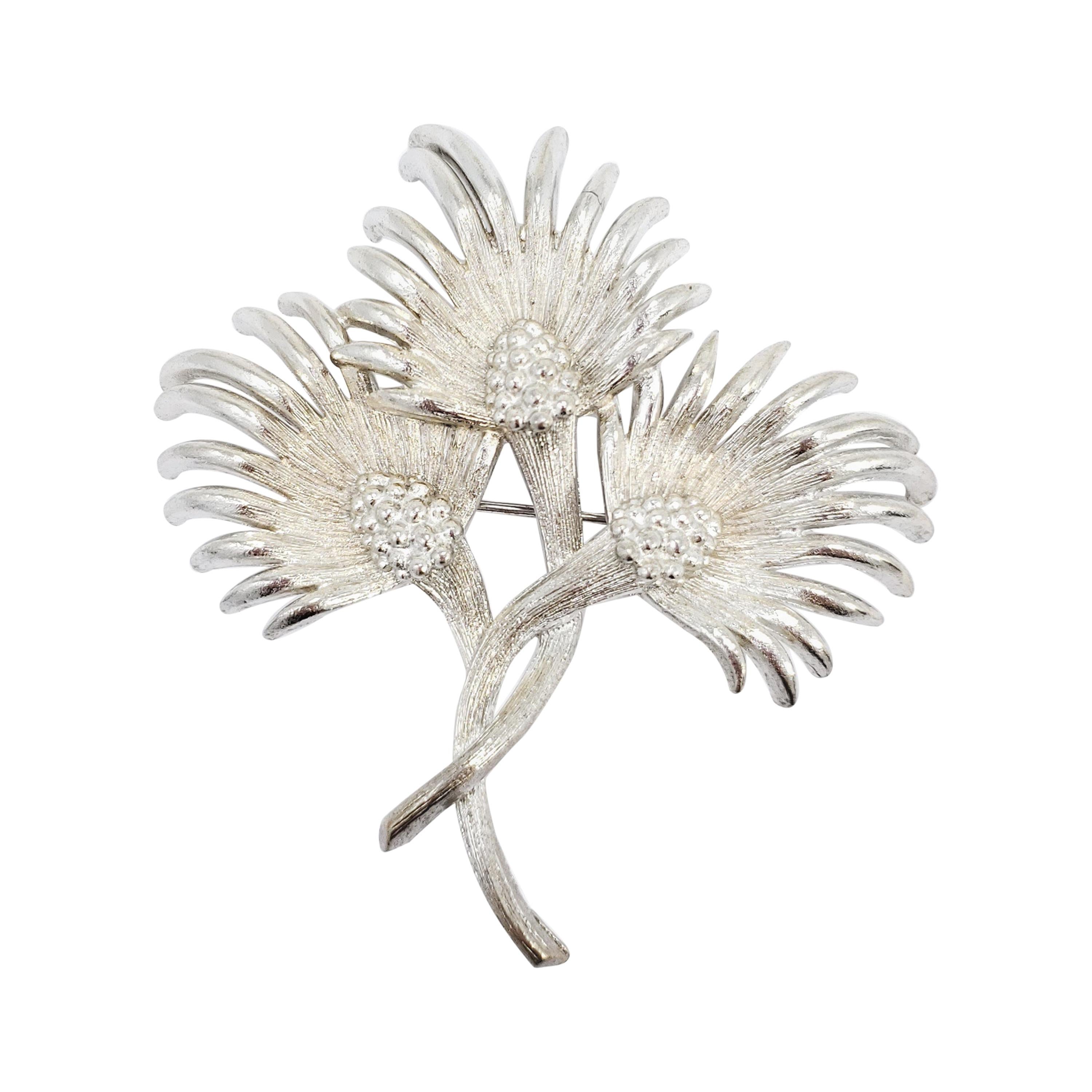 Lisner Silver Three Flower Bouquet Pin Brooch, Early 1900s Vintage For Sale