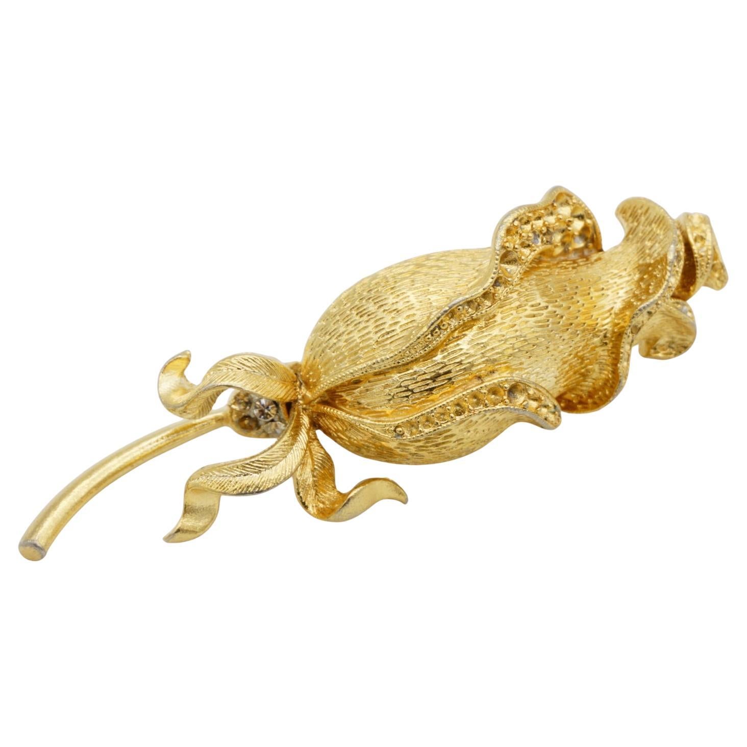 Lisner Vintage 1950s Textured Vivid Large Long Rose Leaf Flower Chunky Brooch For Sale