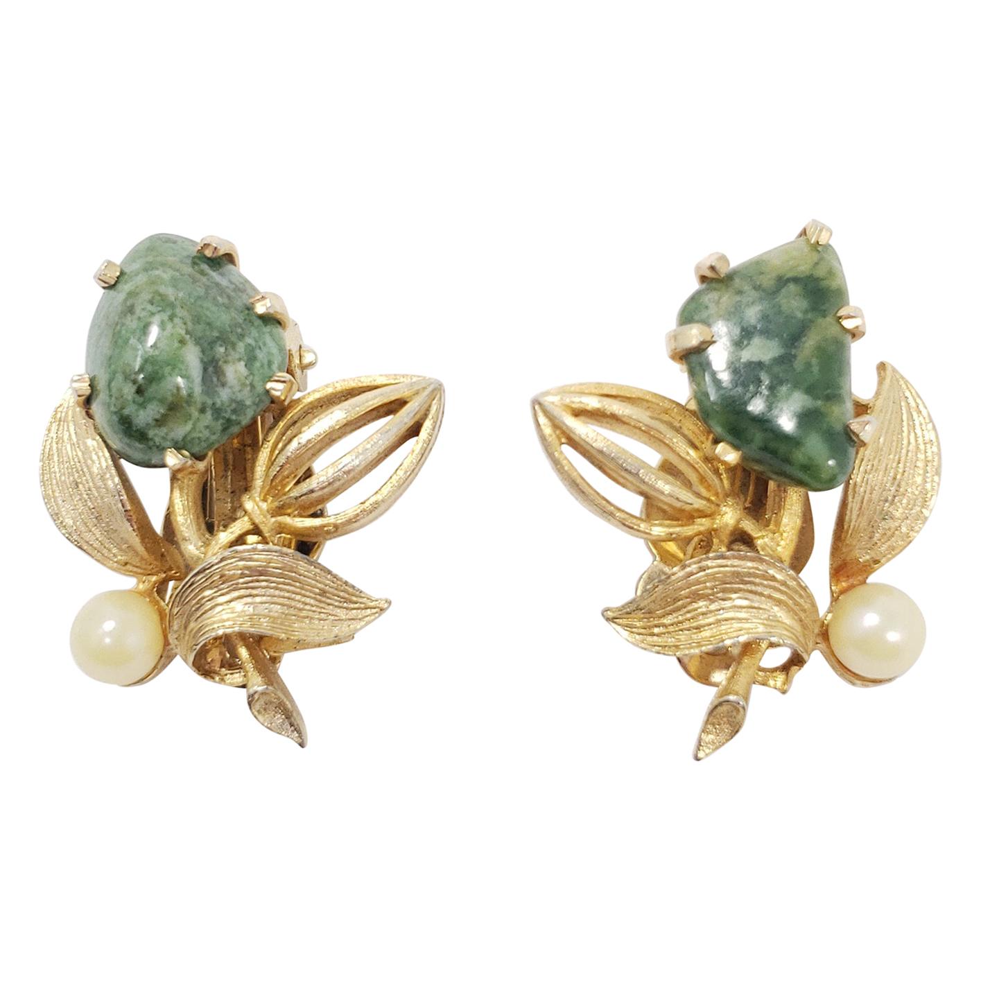Lisner Vintage Floral Faux Pearl and Malachite Clip on Earrings in Gold