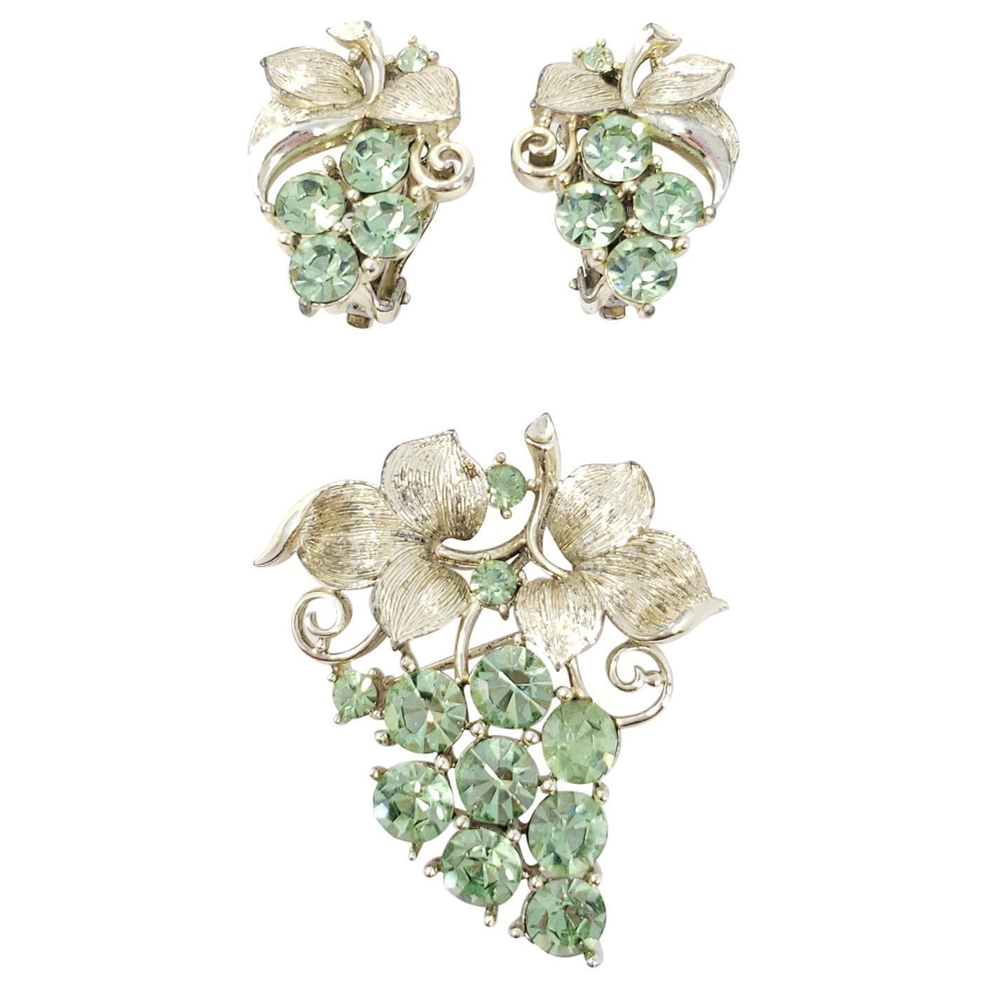 Lisner White Gold Peridot Pin Brooch and Clip on Earrings Set For Sale
