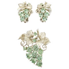 Retro Lisner White Gold Peridot Pin Brooch and Clip on Earrings Set