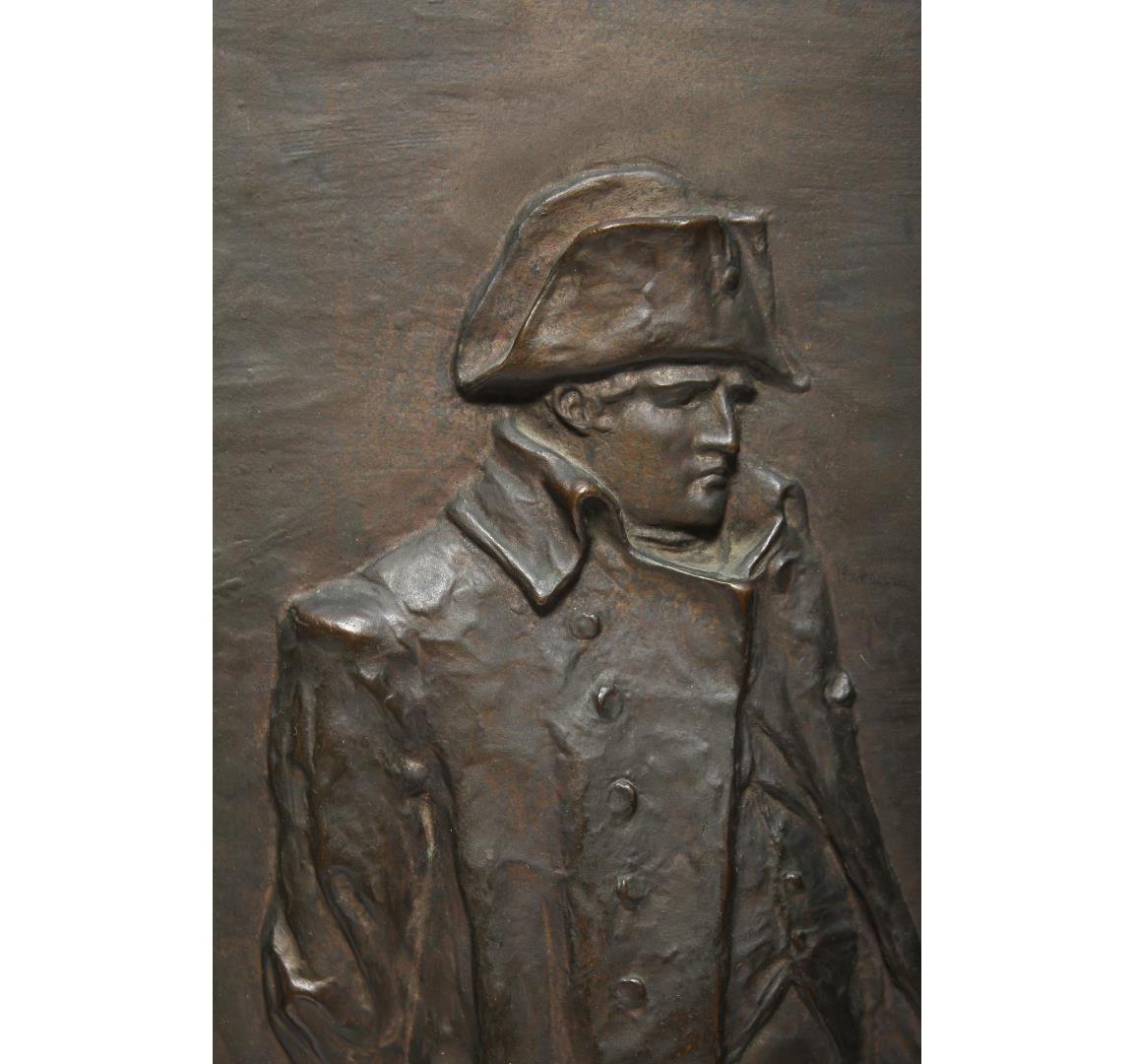 Neoclassical style bronze plaque depicting Napoleon Bonaparte, made by J. Lisney Banks (Canadian 1850-1934). The piece is mounted on a green marble slab and is marked and dated 1895 - the lower right corner is incised 