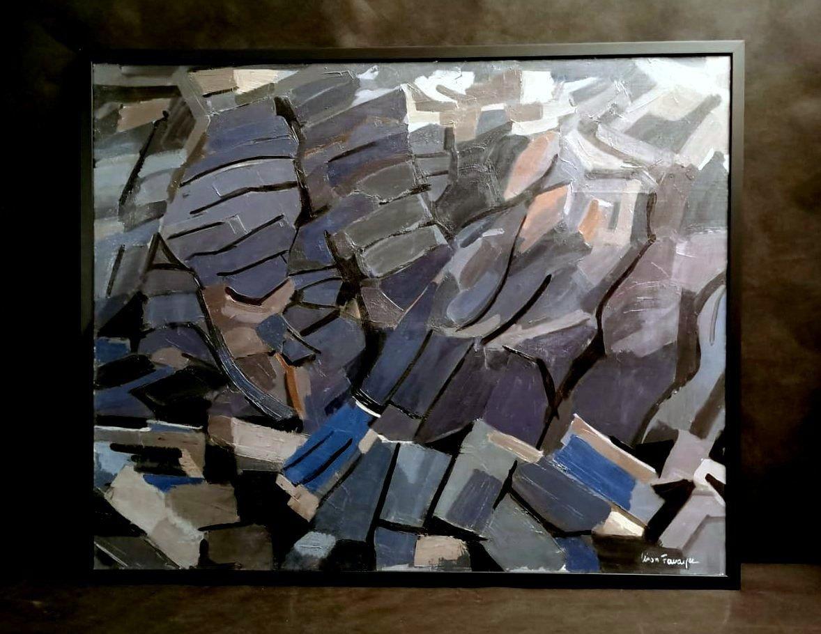 Very particular abstract painting with black wooden frame; oil painting with mixed media, brush, and spatula; the choice and the soft distribution of colors are very homogeneous and harmonious; it is a delicate and soft abstractionism not at all