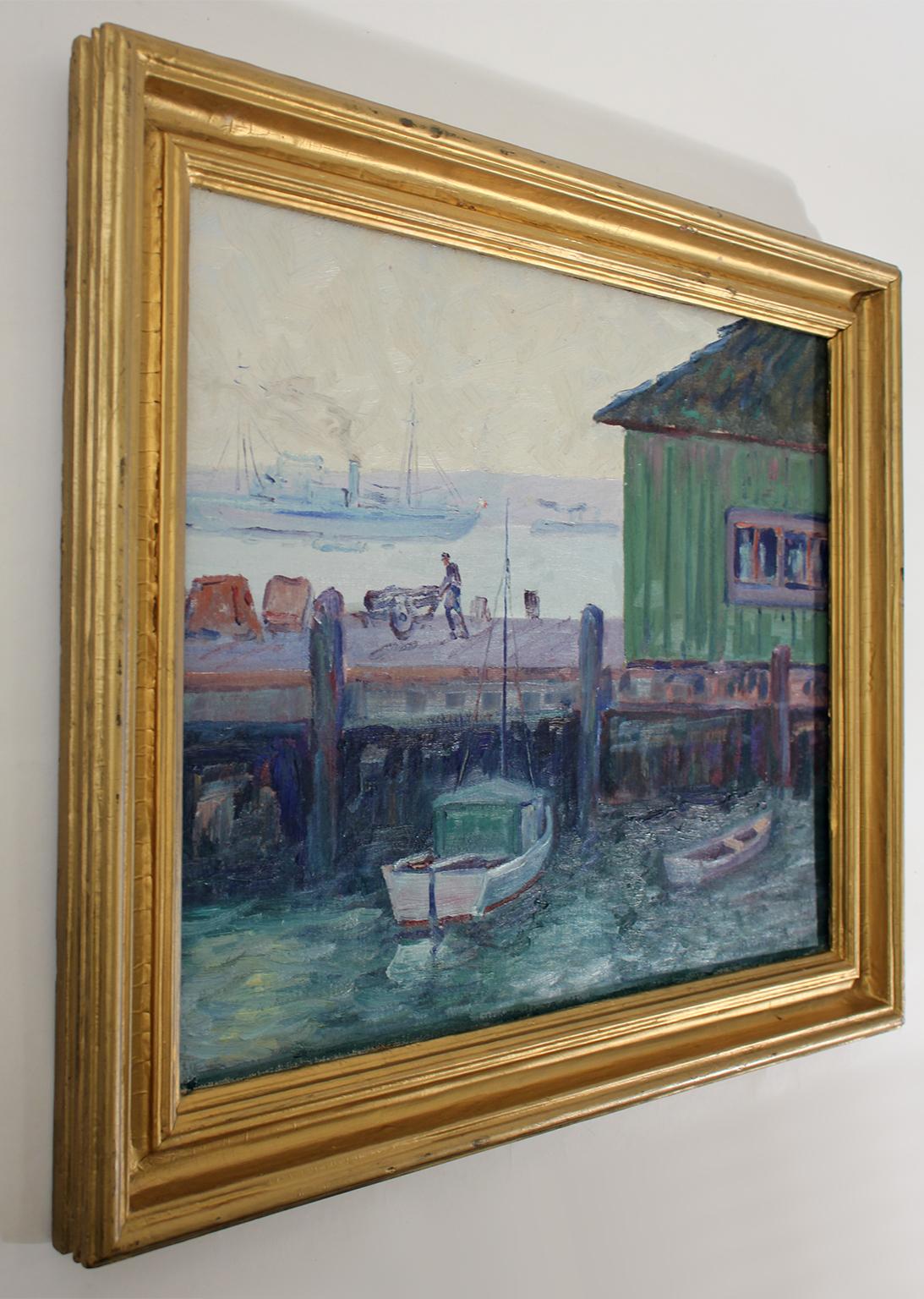Mid-20th Century Listed California Artist Bess Gilbert Oil Painting San Diego Harbor Pier, 1930s