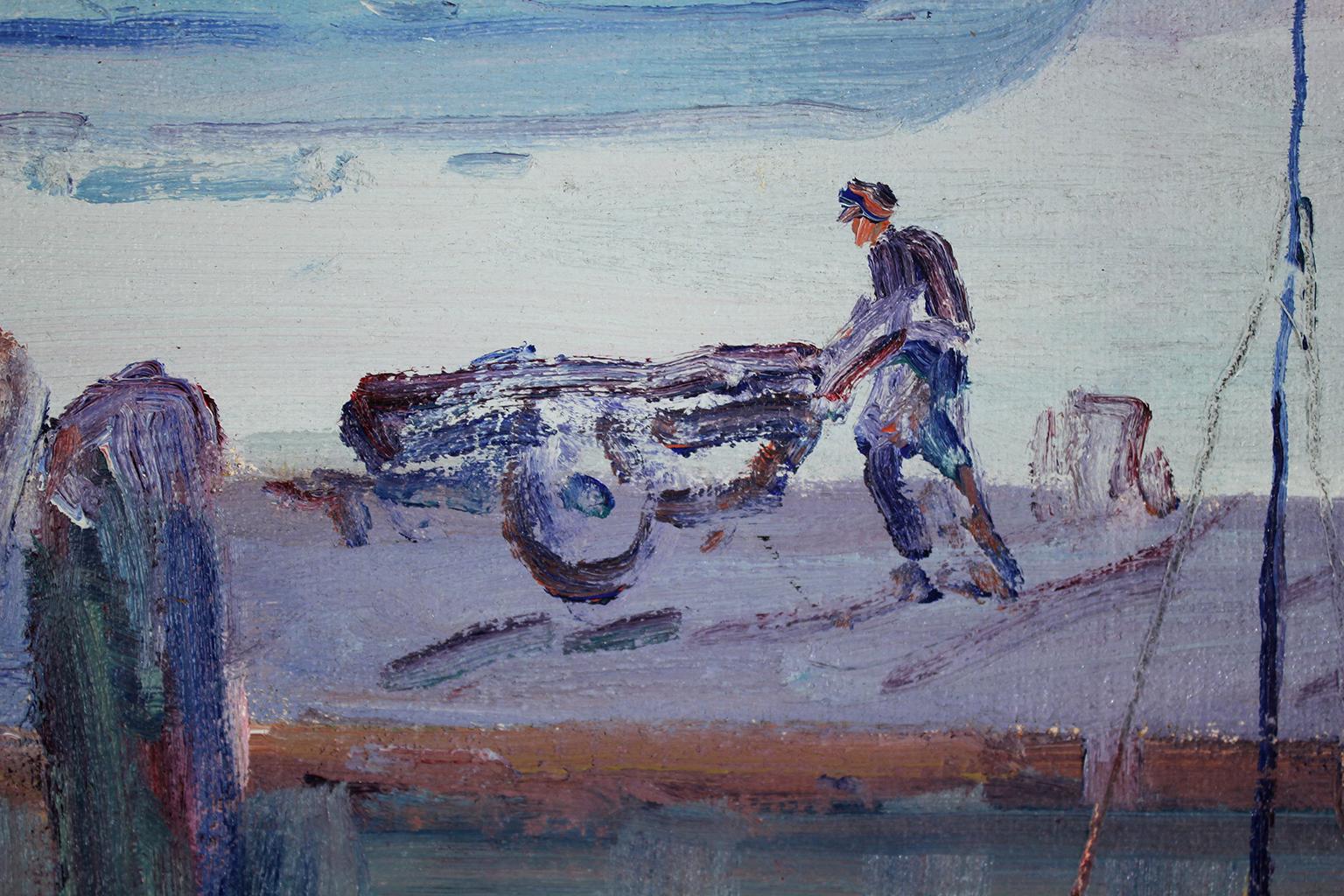Listed California Artist Bess Gilbert Oil Painting San Diego Harbor Pier, 1930s 3