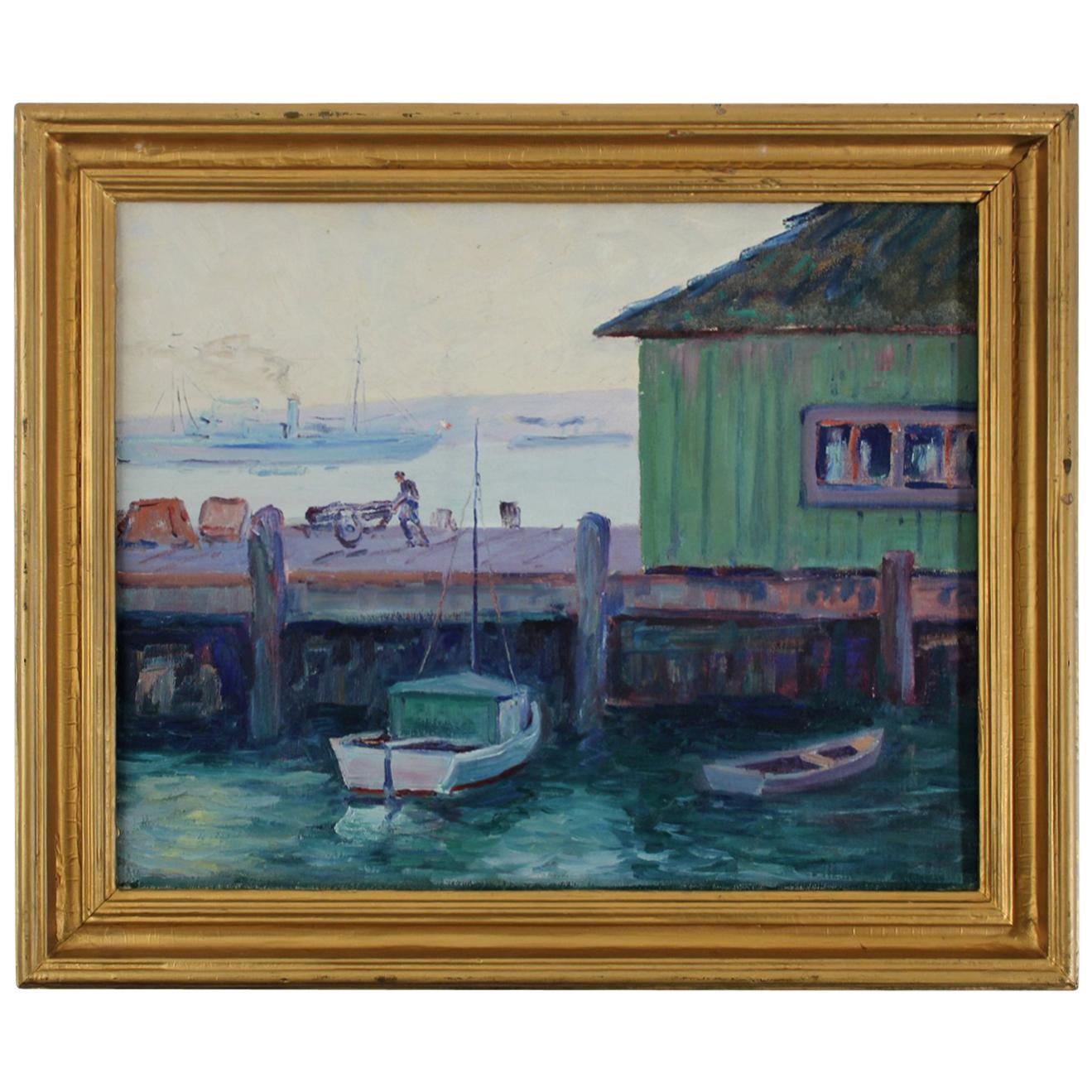 Listed California Artist Bess Gilbert Oil Painting San Diego Harbor Pier, 1930s