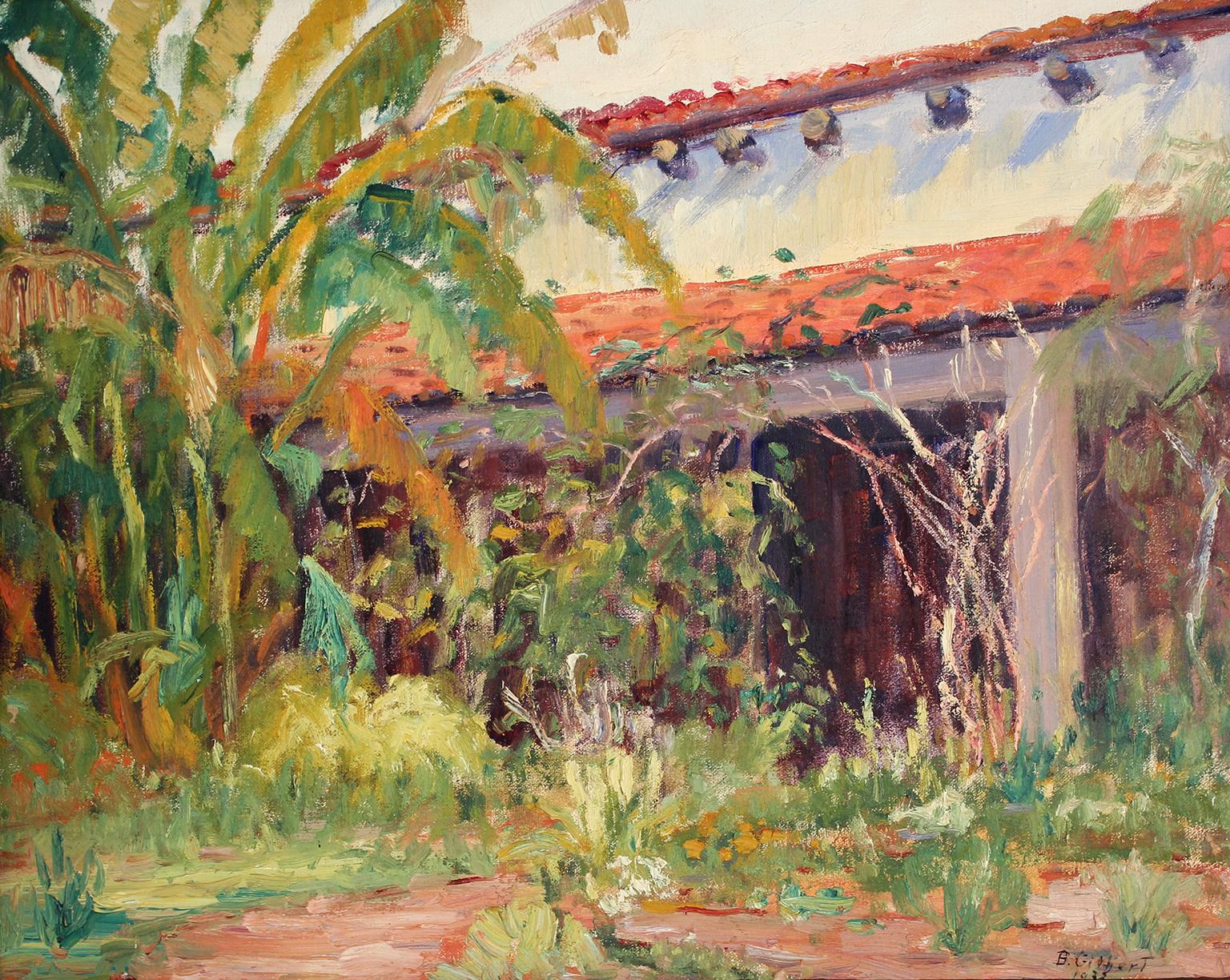 Beautiful plein air painting by listed San Diego impressionist artist Bess Gilbert. Dated 1933 and is of an old adobe building, probably in Old Town San Diego or Balboa Park. Very extensive bio online about the artist and her rich San Diego history.