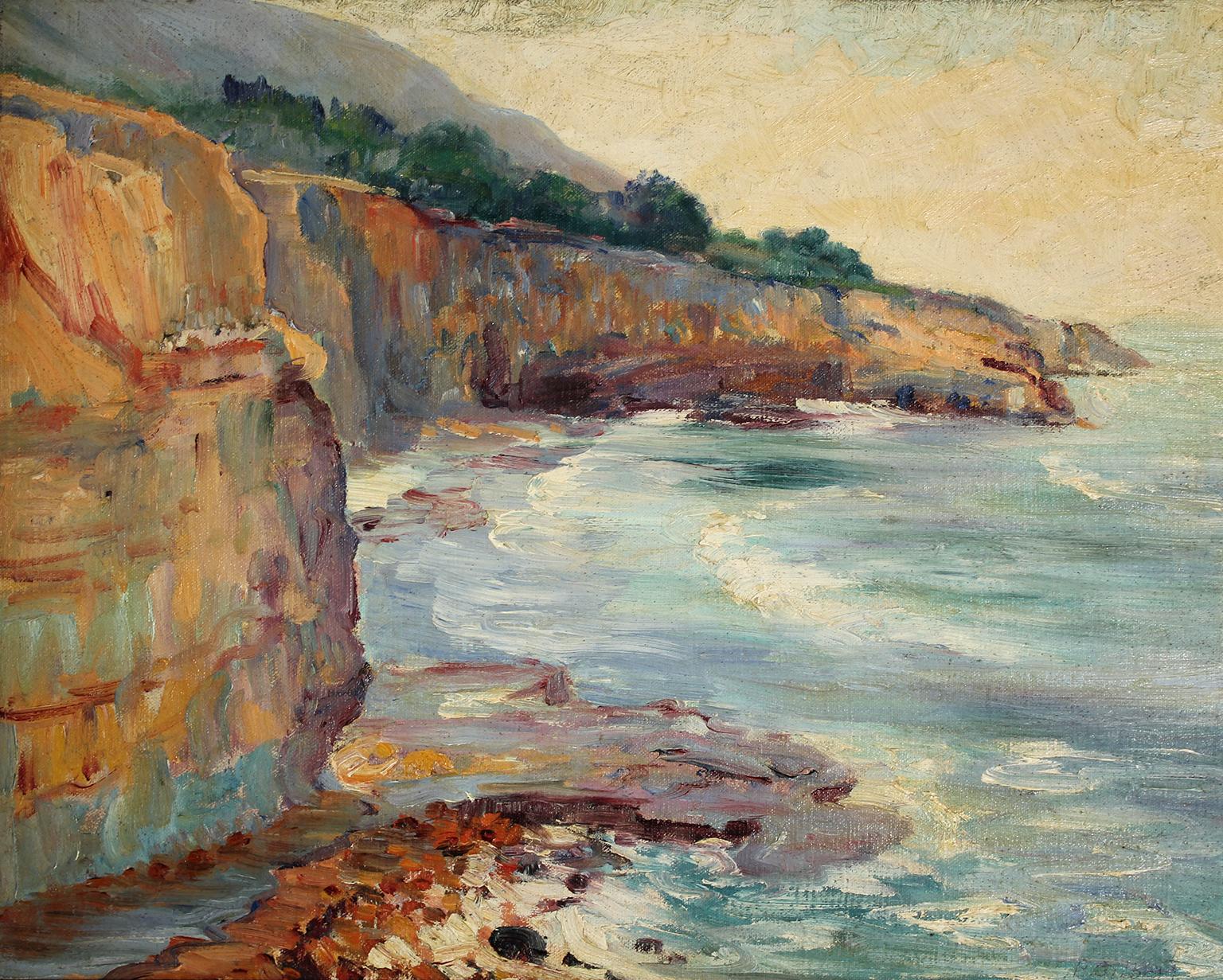 Beautiful plein air painting by listed San Diego impressionist artist Bess Gilbert. Dates from the 1930s and is of the ocean, beach and cliffs. Probably of Sunset Cliffs or Torrey Pines very extensive bio online about the artist and her rich San