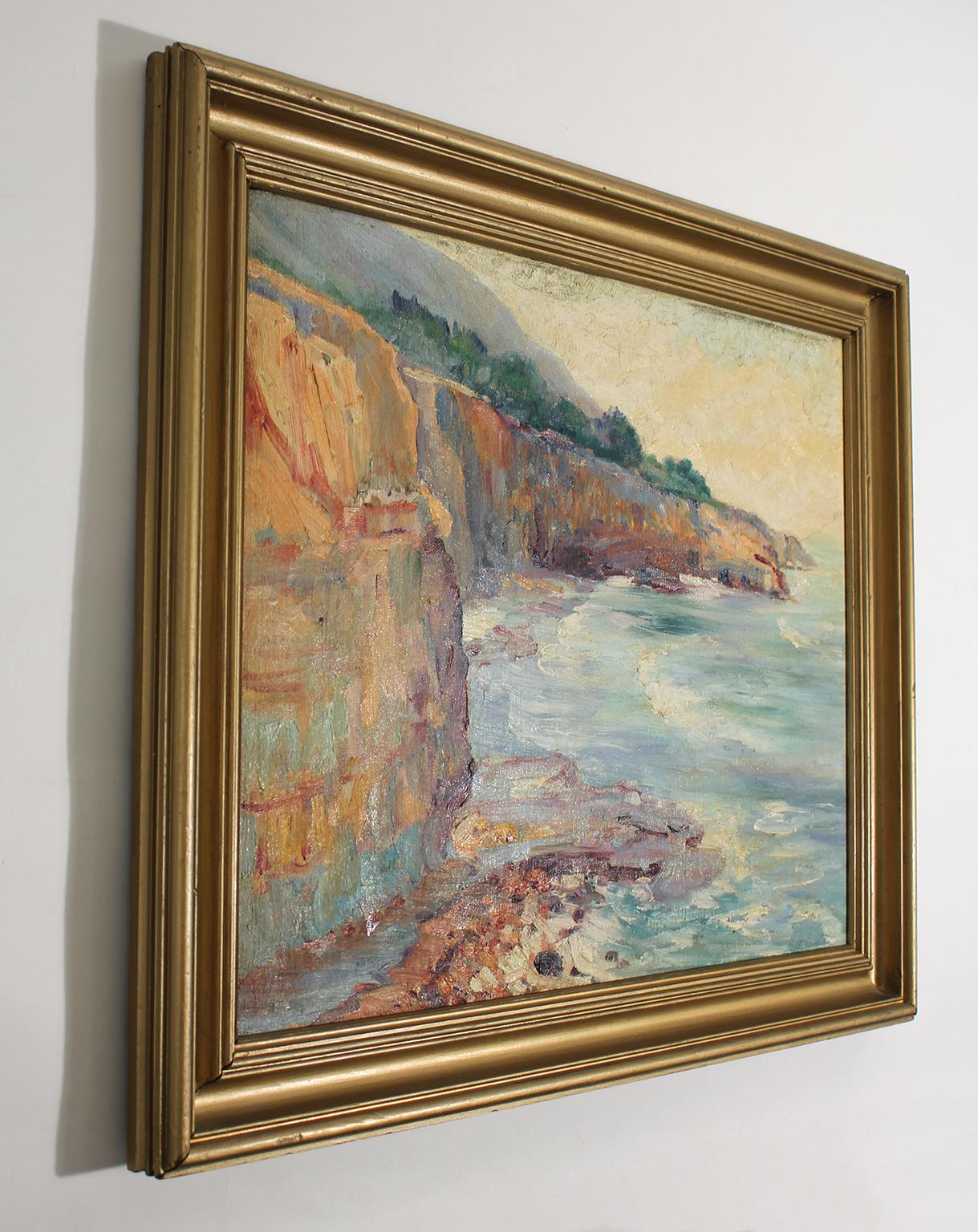 Mid-20th Century Listed San Diego Artist Bess Gilbert Impressionist Oil Painting Sunset Cliffs