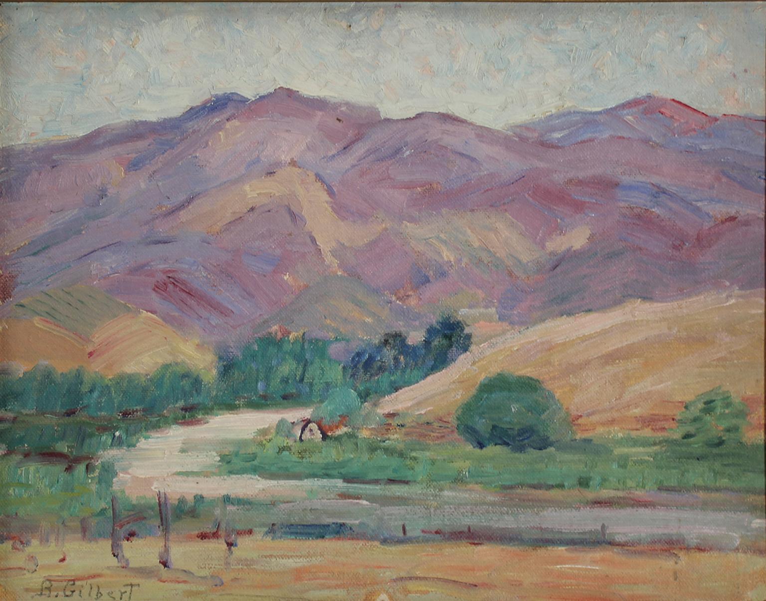 Beautiful plein air painting by listed San Diego impressionist artist Bess Gilbert. Dates from the 1930s and is of a mountain range in the back County of San Diego. Very extensive bio online about the artist and her rich San Diego history. In the