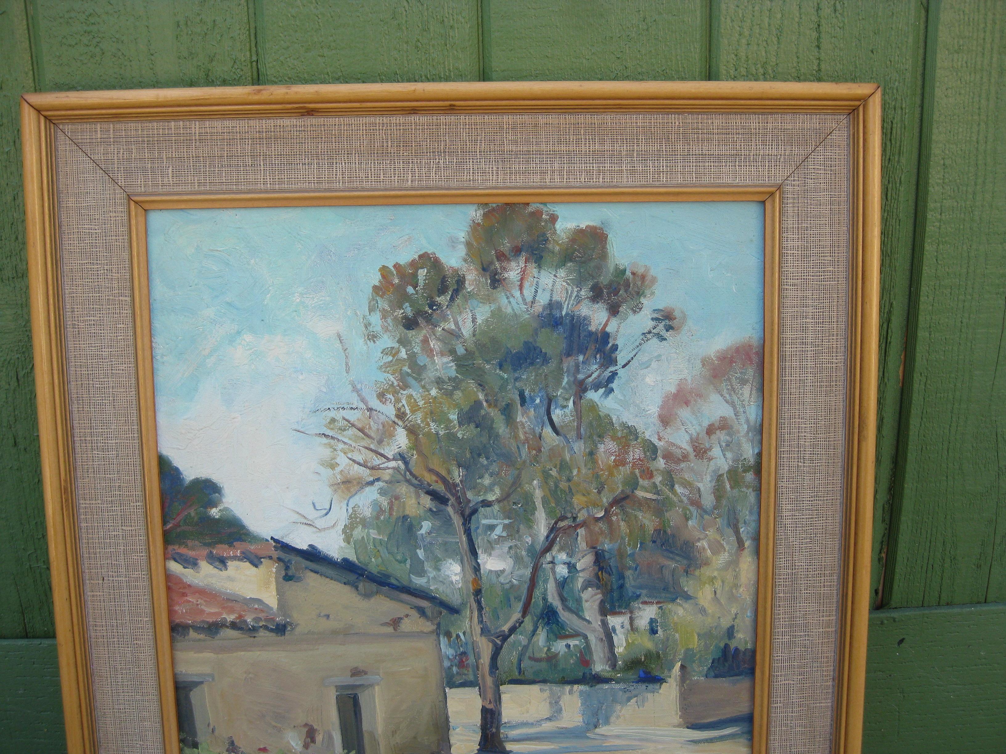 Beautiful oil painting on canvas by listed San Diego impressionist artist Fidelia Auten Taylor. Dates from the 1930s and is of Ramona's Marriage Place in Old Town. Wonderful plein air painting of the building and eucalyptus tree. Very extensive bio