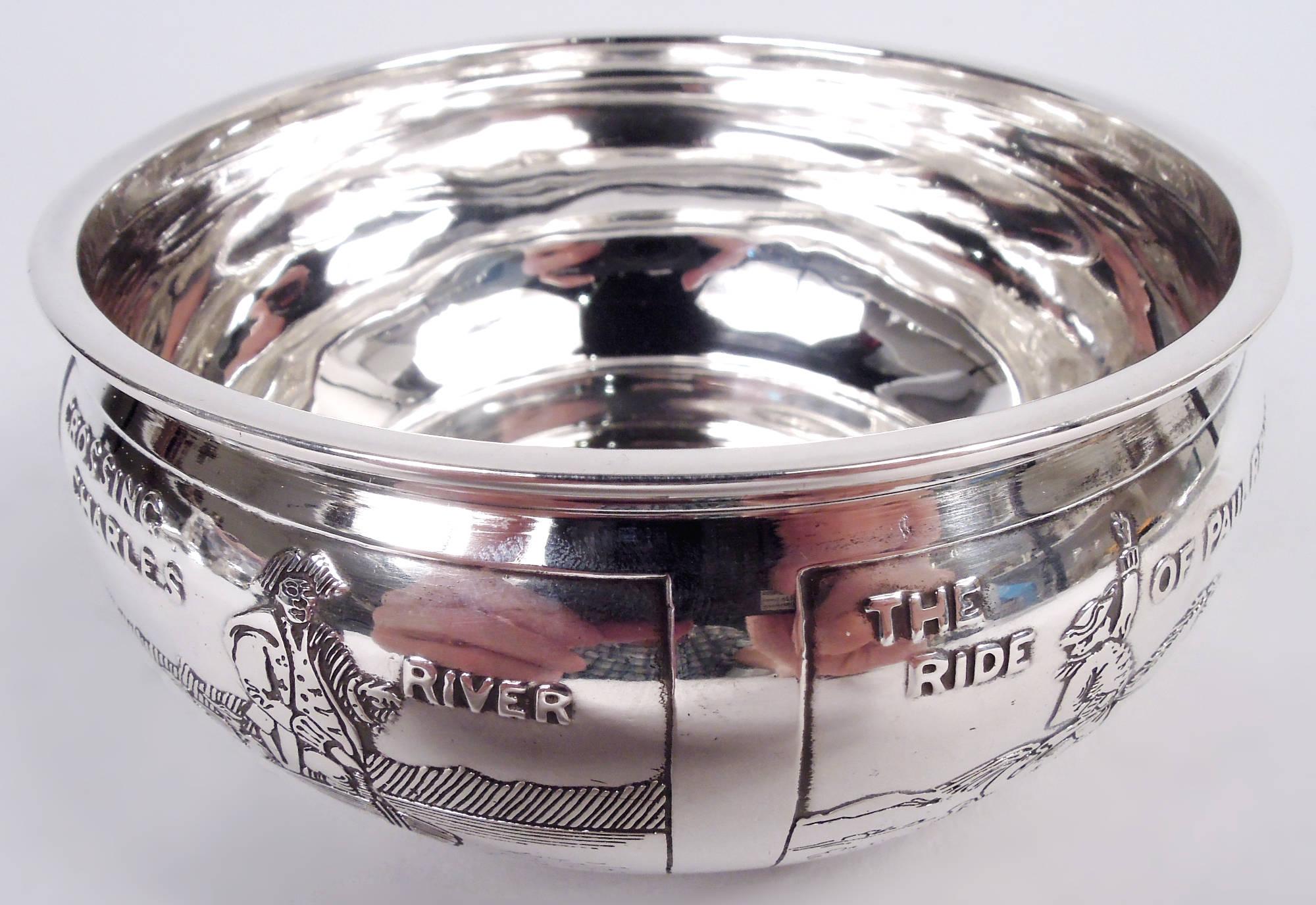 Novelty sterling silver baby bowl on plate. Made by McChesney in Newark, ca 1920. Bowl curved with flared mouth rim. Plate round with plain deep well. On bowl, acid-etched frames depicting the midnight ride of Paul Revere. His house, the North