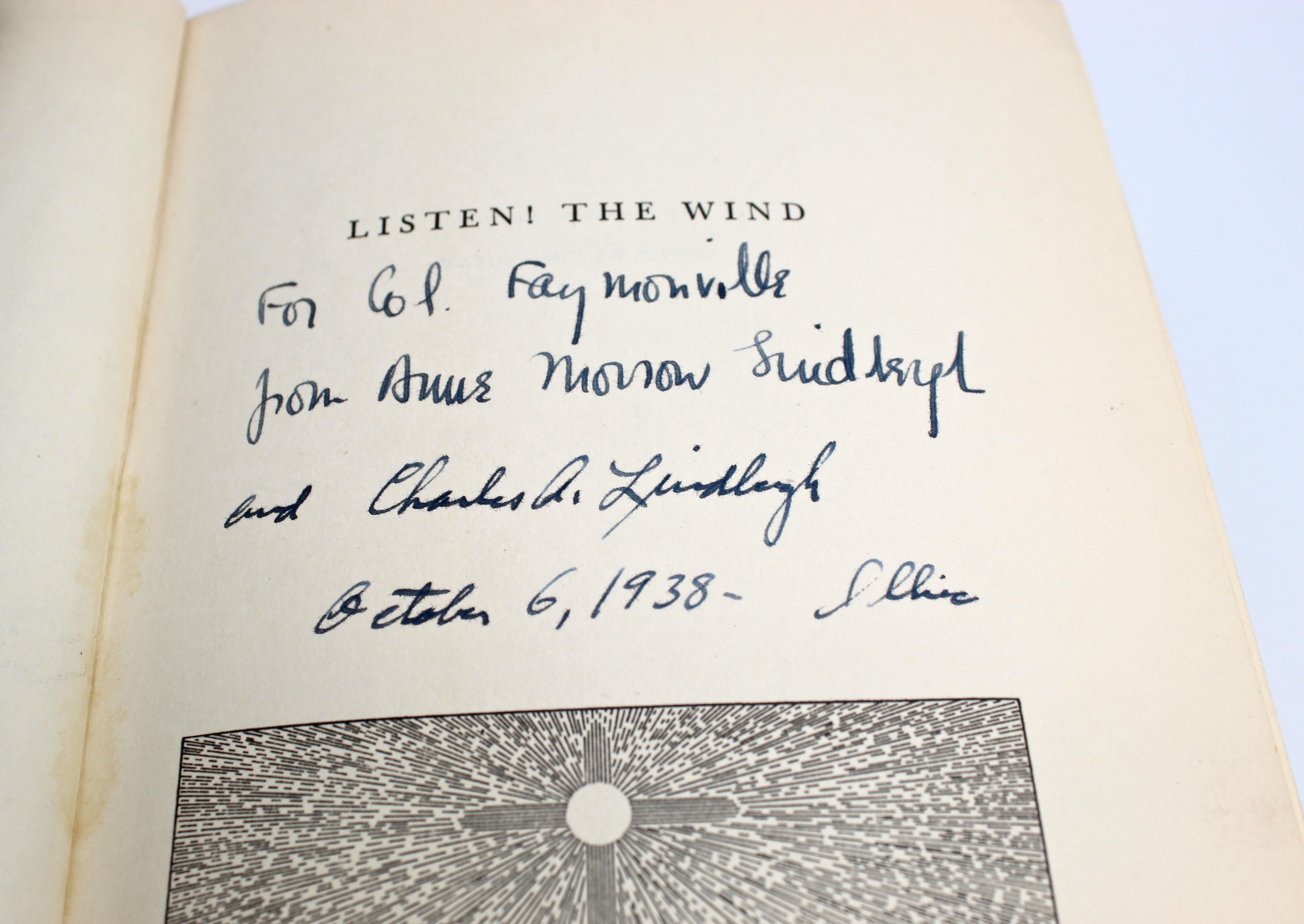 This is a 1938 first edition in its original dust jacket of Listen! The Wind by Anne Morrow Lindbergh. This remarkable printing is inscribed and signed by both Anne and her husband and famed pilot, Charles Lindbergh. The book features a foreward and