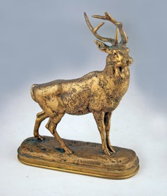 'Listening Stag' by Romantic Author A.L. Barye Produced by Barbedienne in Bronze