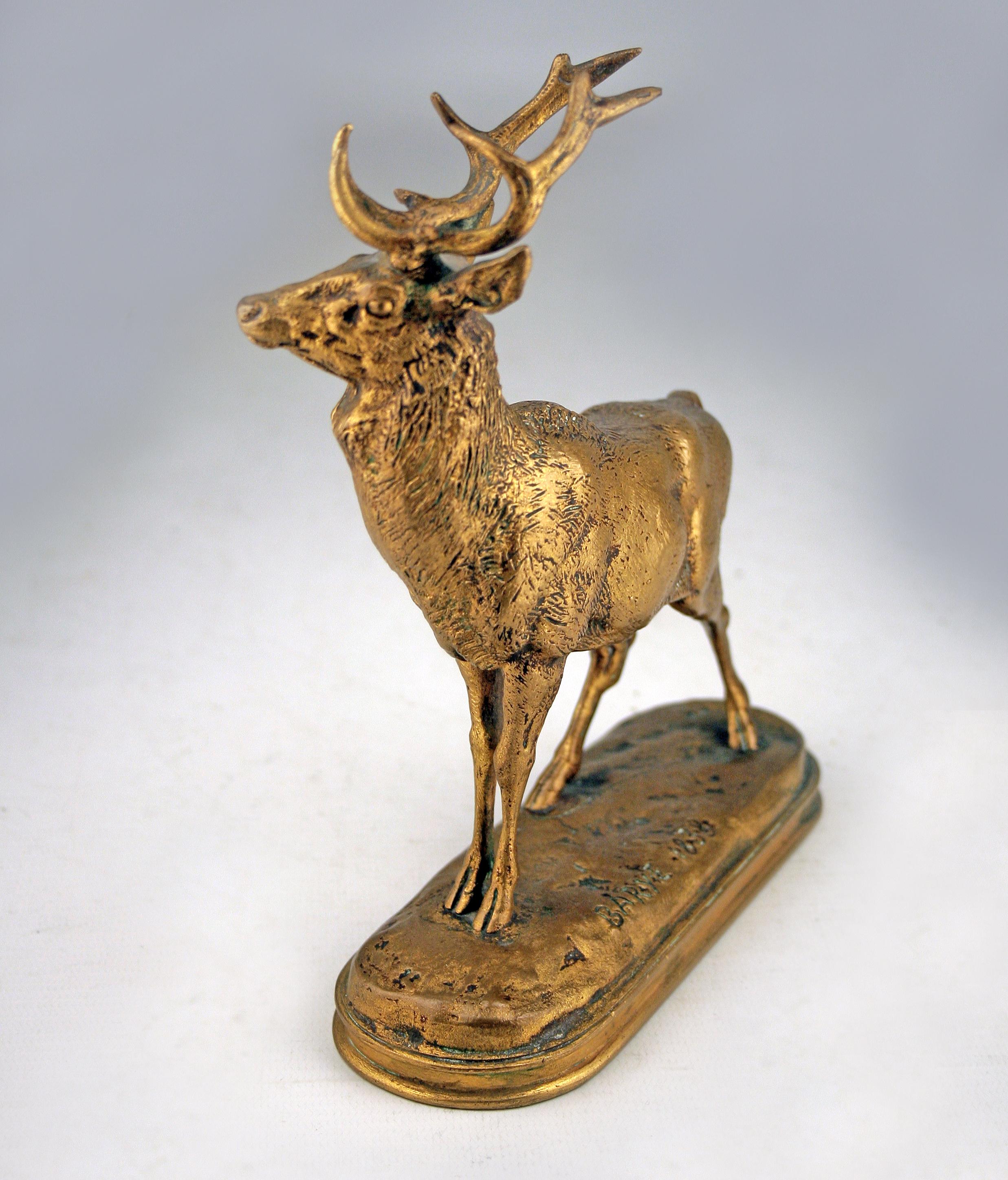 French 'Listening Stag' by Romantic Author A.L. Barye Produced by Barbedienne in Bronze For Sale