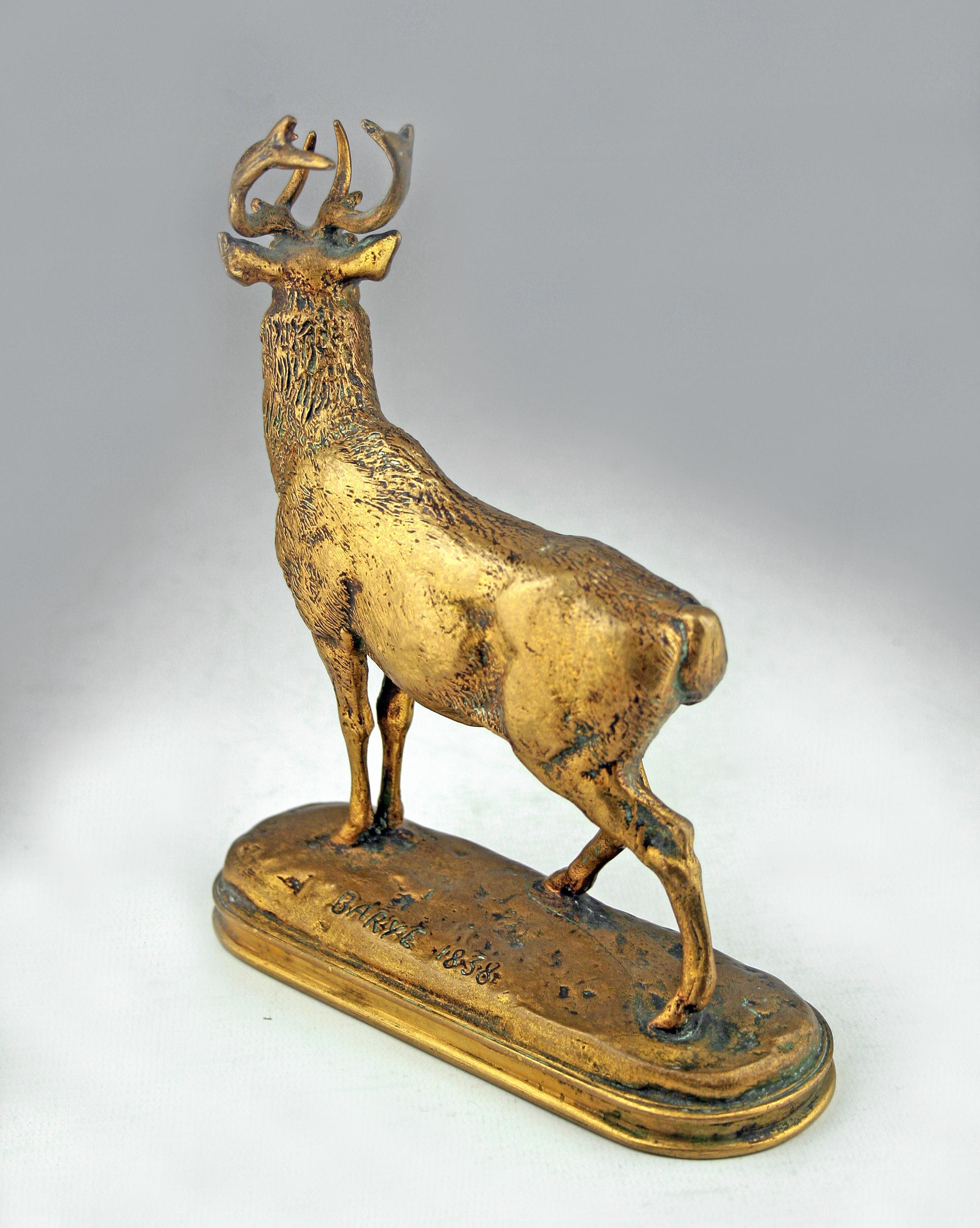 Polished 'Listening Stag' by Romantic Author A.L. Barye Produced by Barbedienne in Bronze For Sale