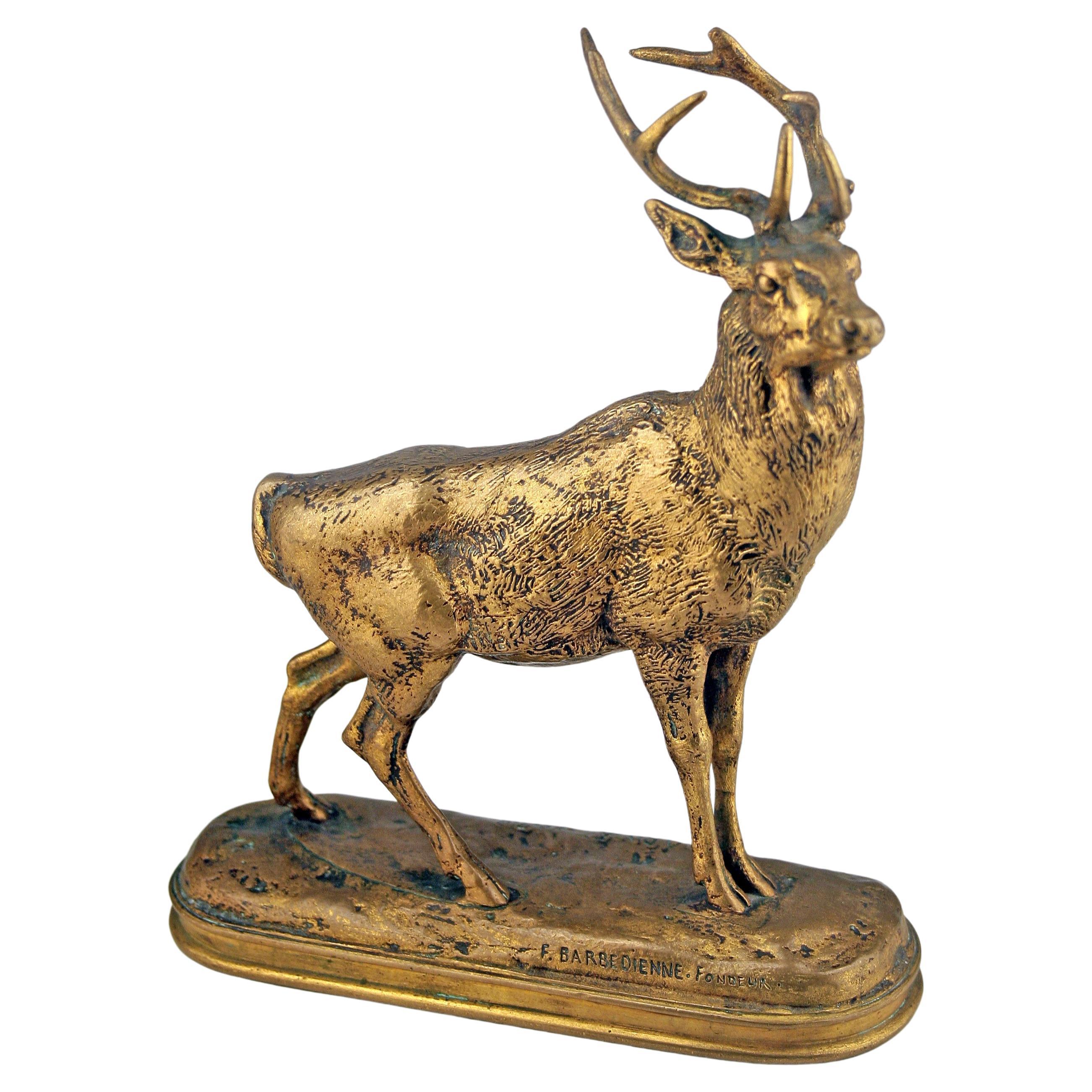'Listening Stag' by Romantic Author A.L. Barye Produced by Barbedienne in Bronze For Sale